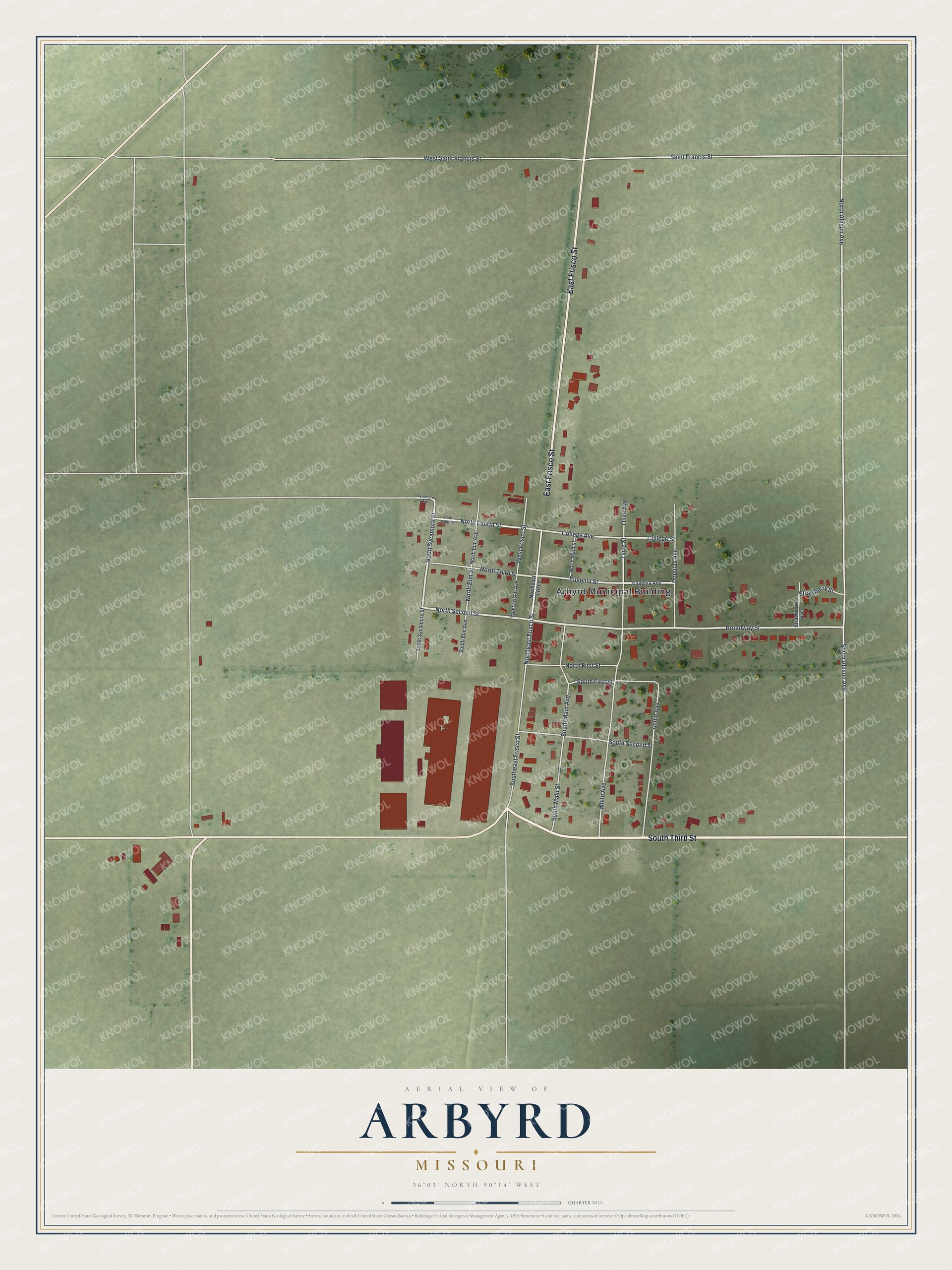 Full map of Arbyrd, Missouri, with red buildings, printed street names and the land around them
