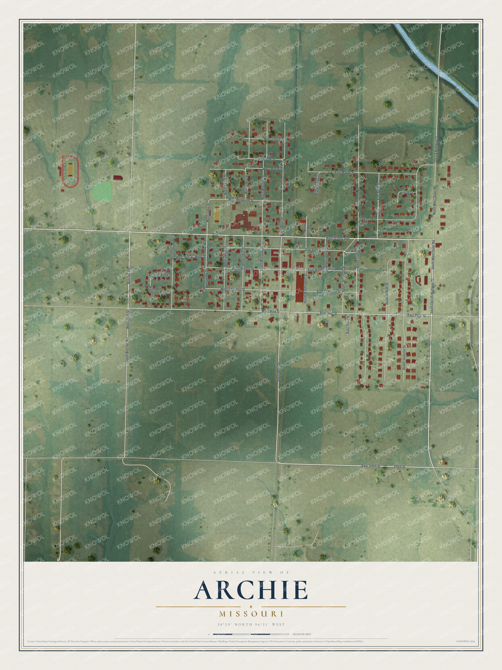 Full map of Archie, Missouri, with red buildings, printed street names and the land around them
