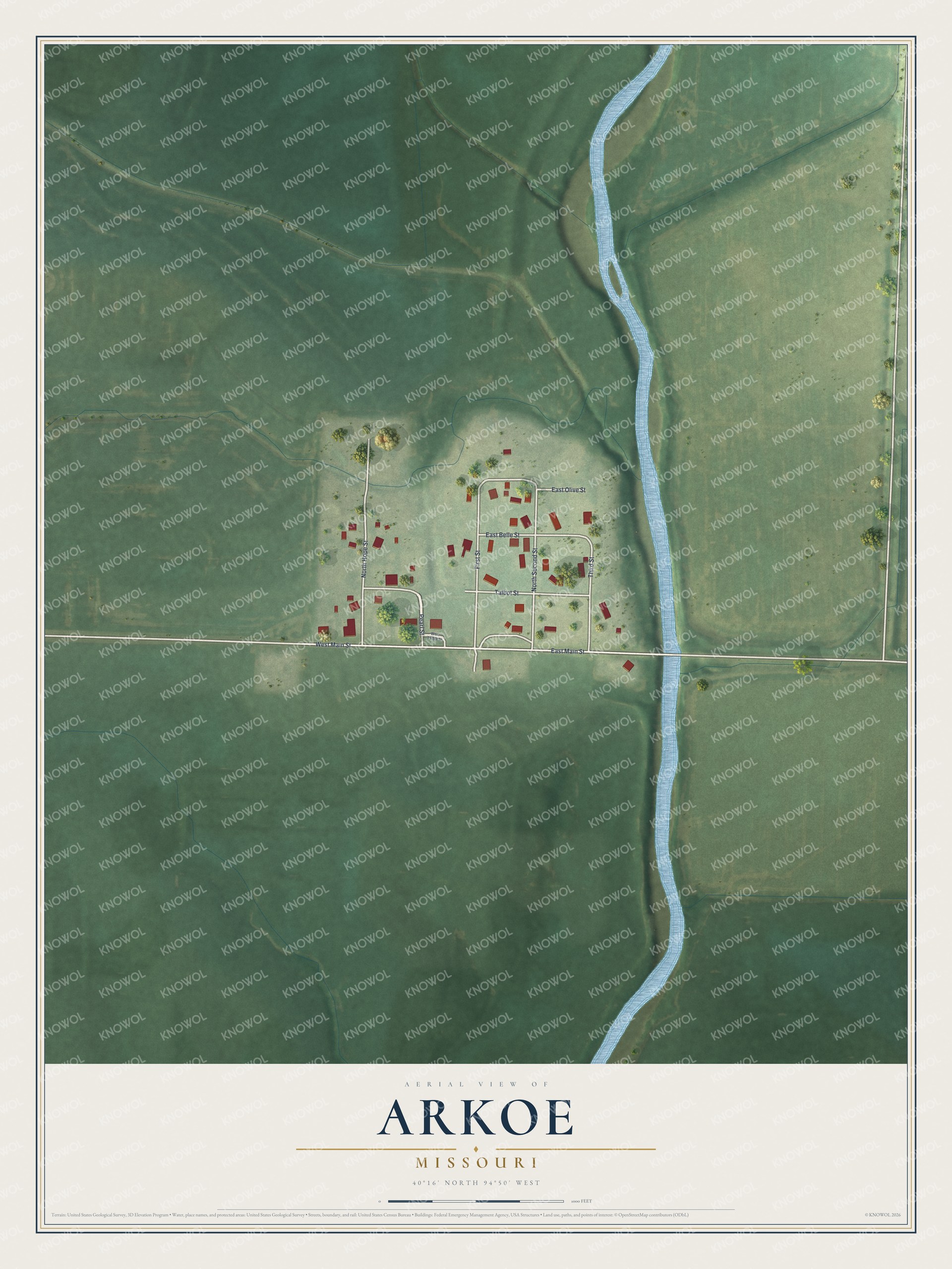 Full map of Arkoe, Missouri, with red buildings, printed street names and the land around them