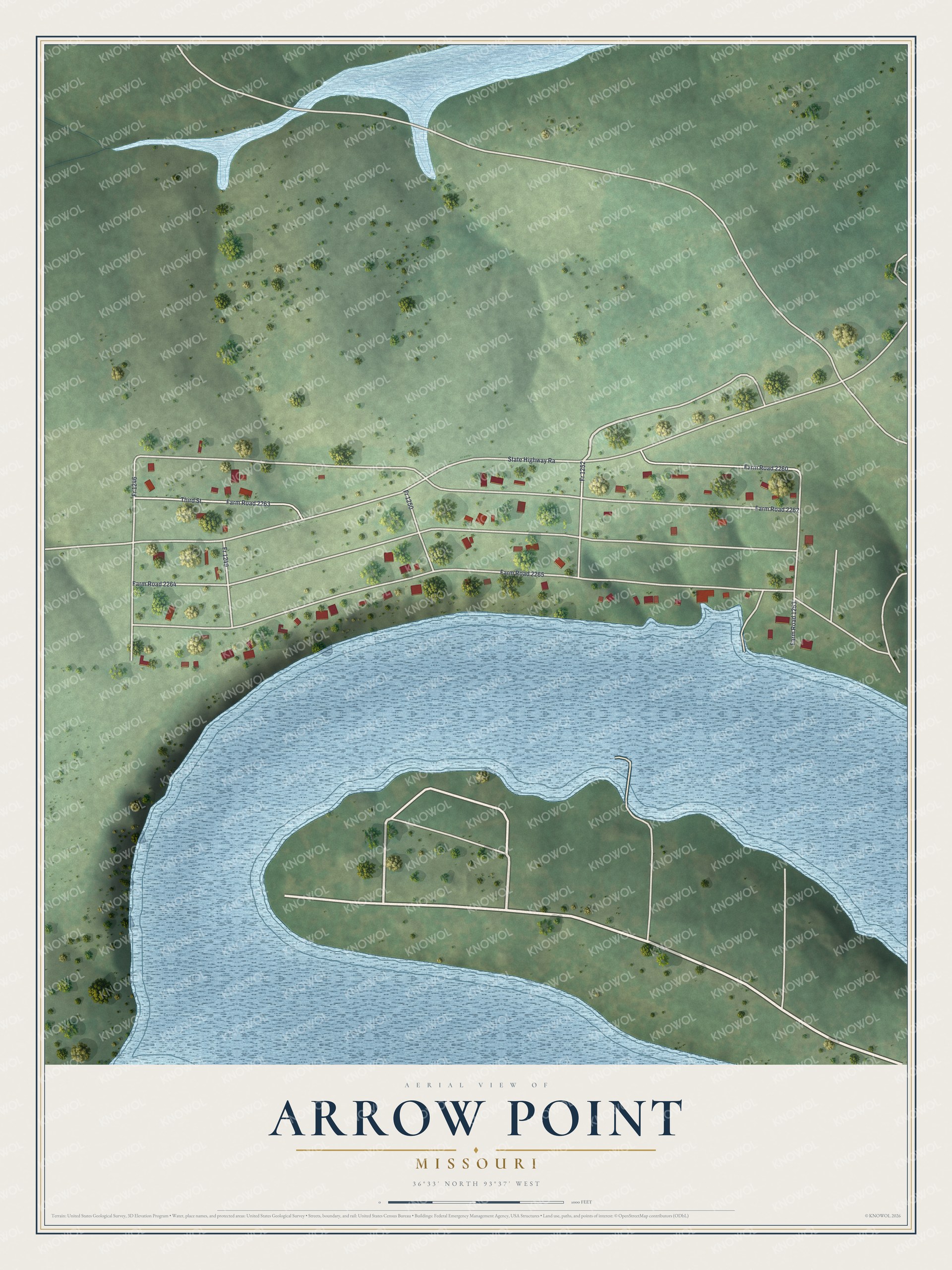 Full map of Arrow Point, Missouri, with red buildings, printed street names and the land around them