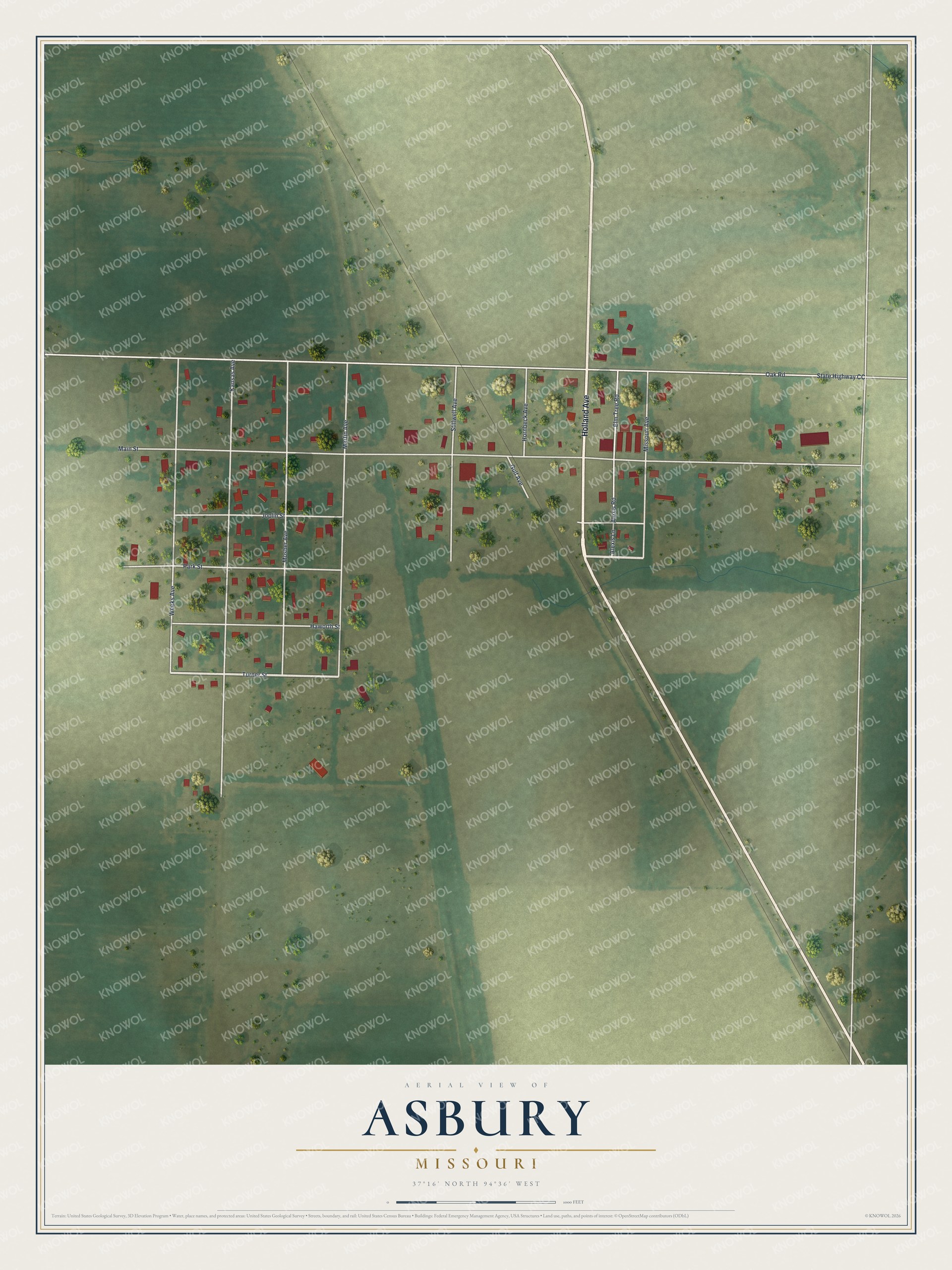Full map of Asbury, Missouri, with red buildings, printed street names and the land around them