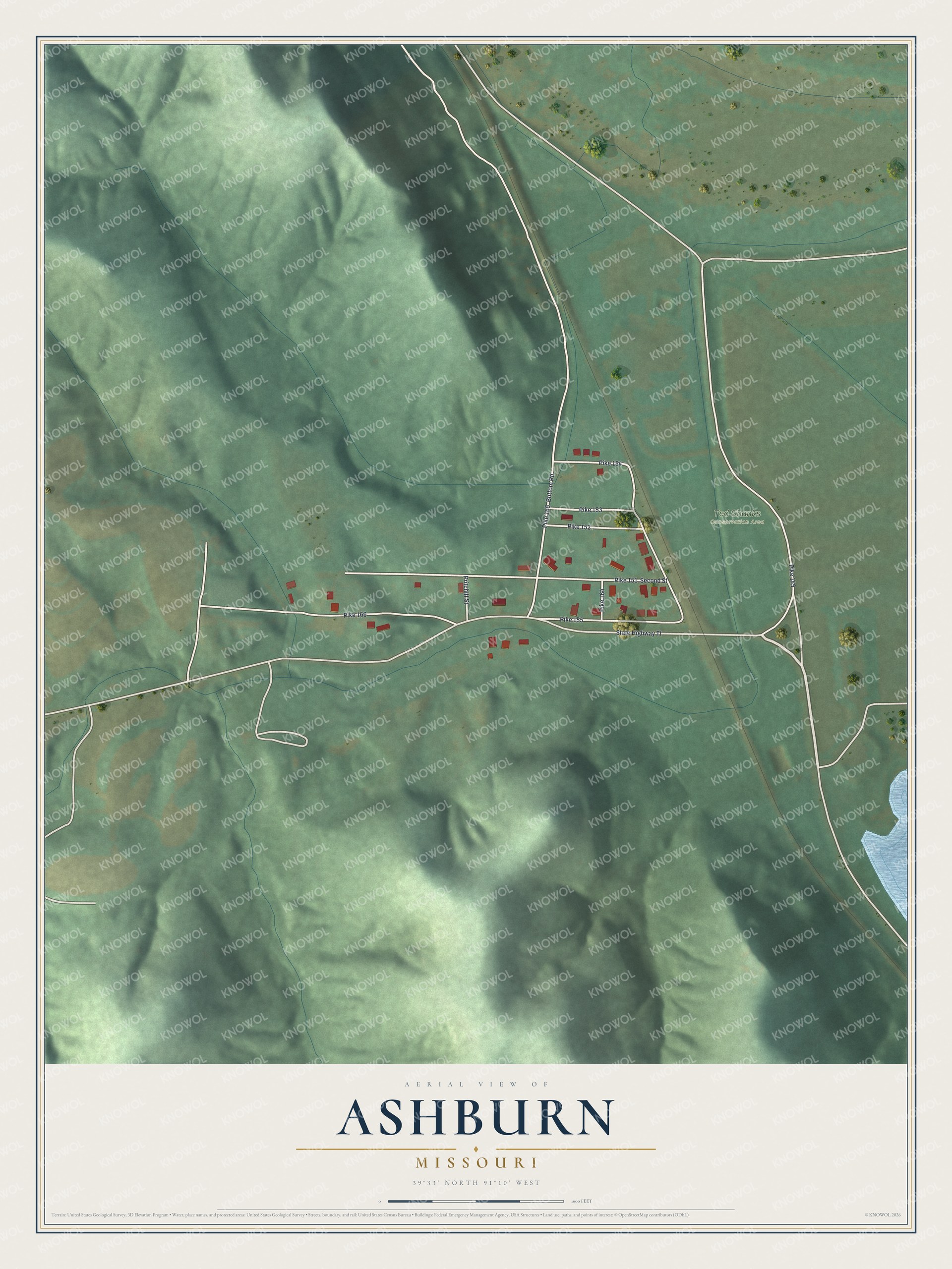Full map of Ashburn, Missouri, with red buildings, printed street names and the land around them