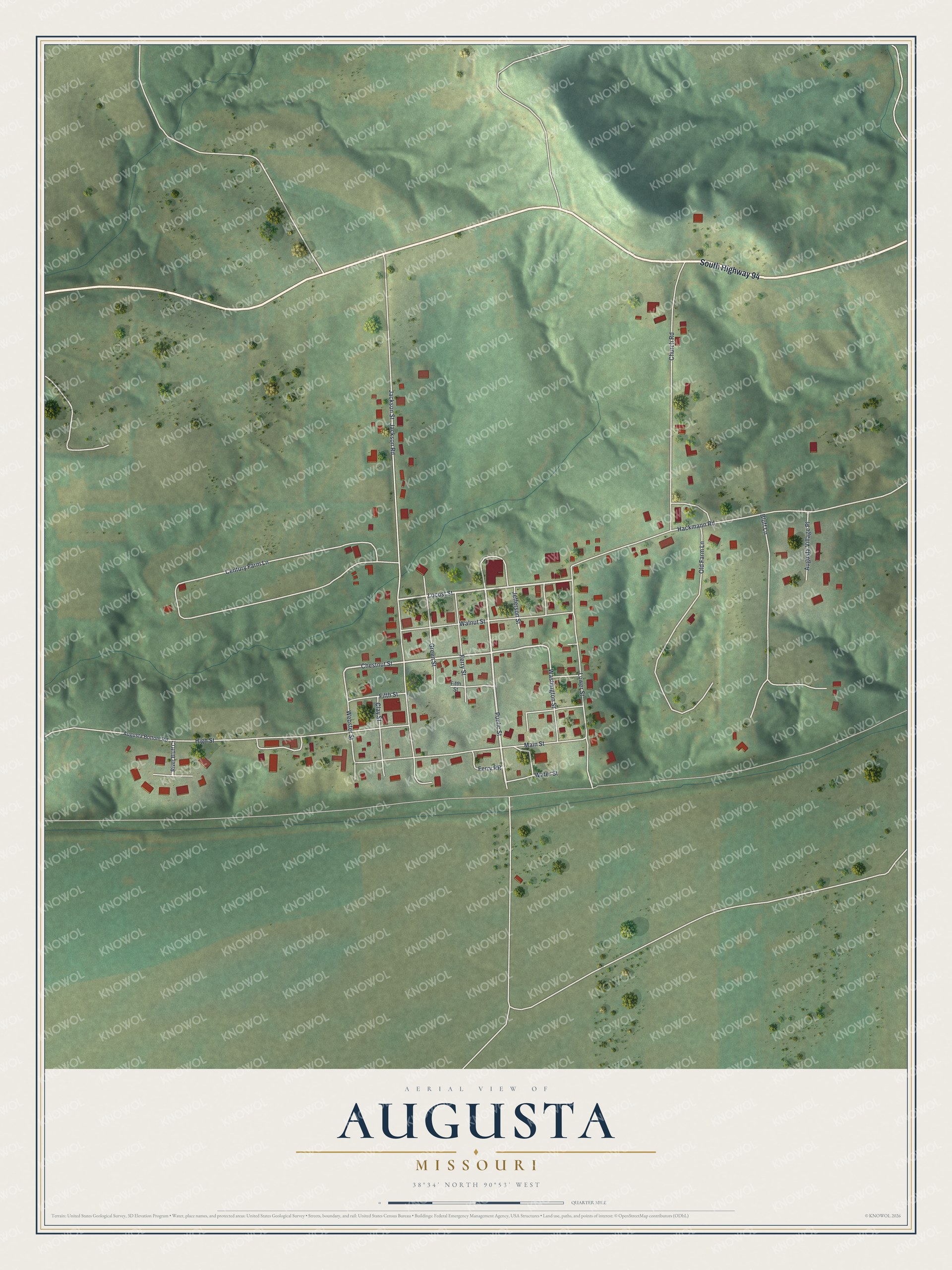 Full Augusta, Missouri map with red buildings, pale roads, green hills, a cream border, and a large title panel below the town