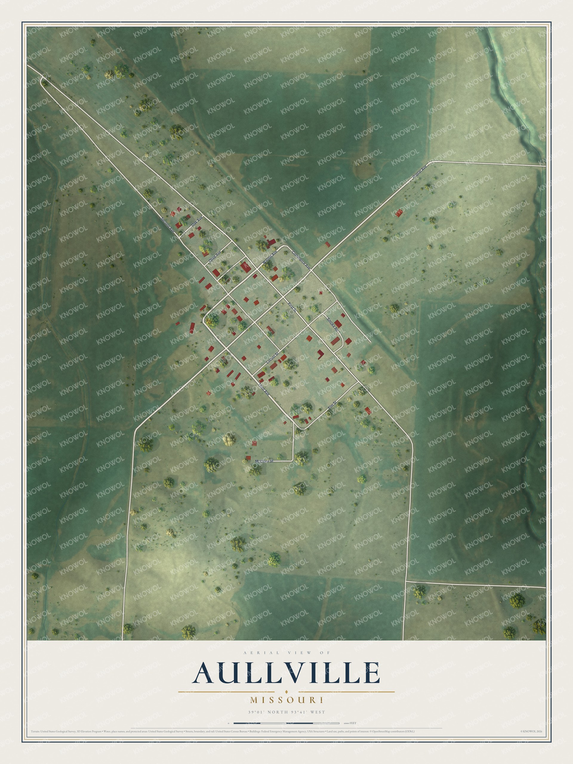 Full map of Aullville, Missouri, with red buildings, printed street names and the land around them