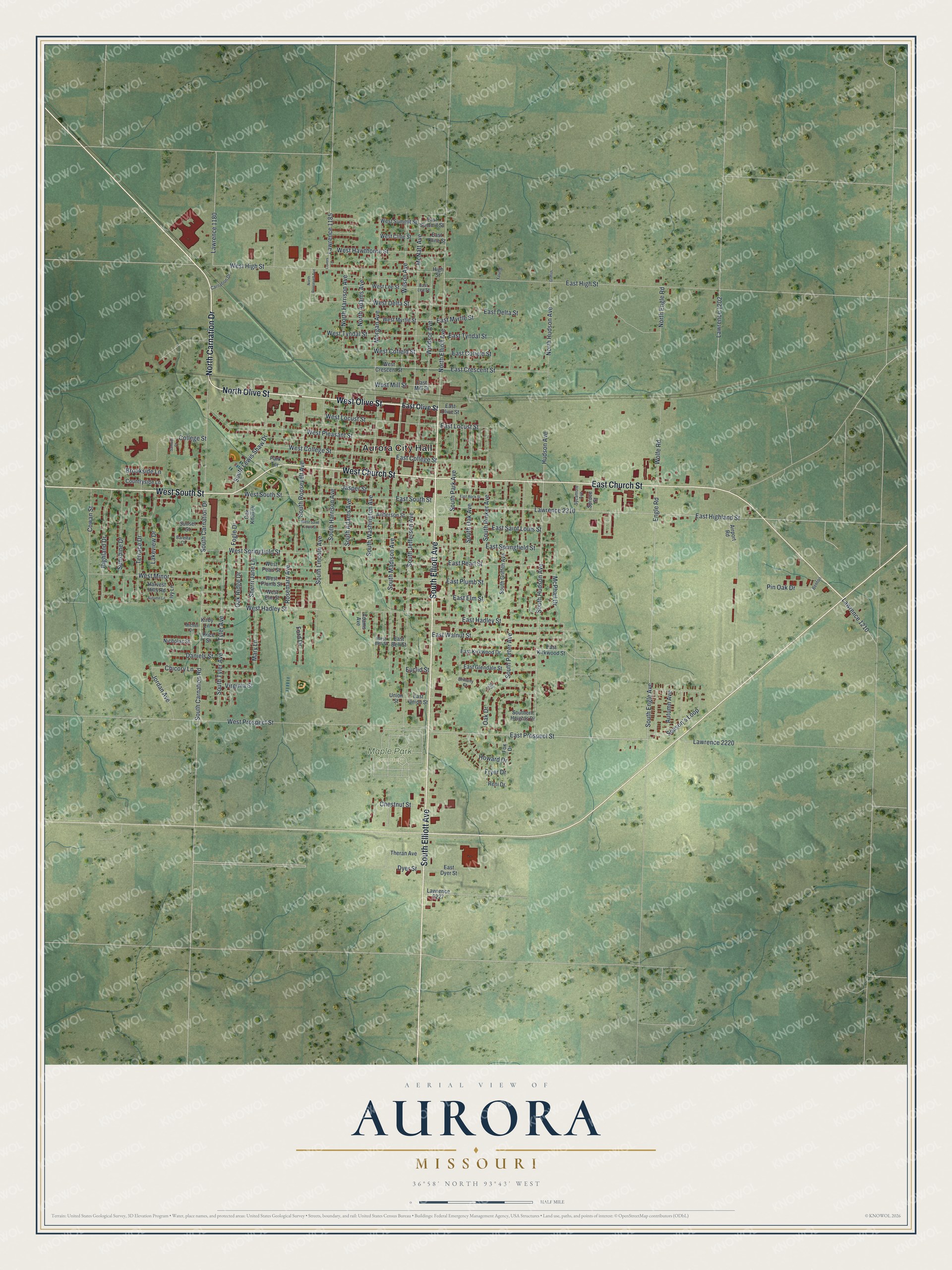 Watermarked full-map preview of Aurora, Missouri