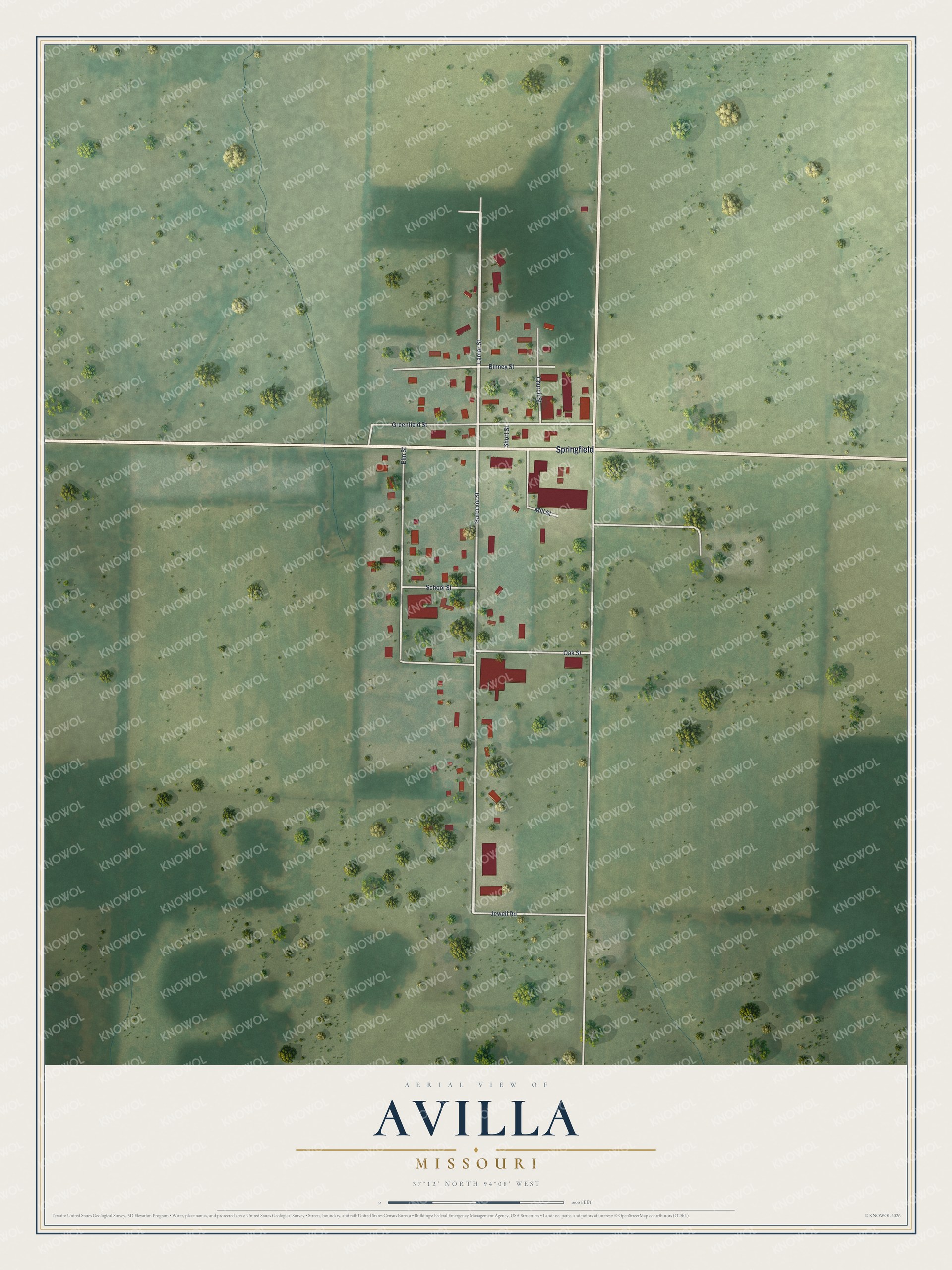Full aerial map of Avilla, Missouri, with red buildings, pale roads, green fields and a cream title panel