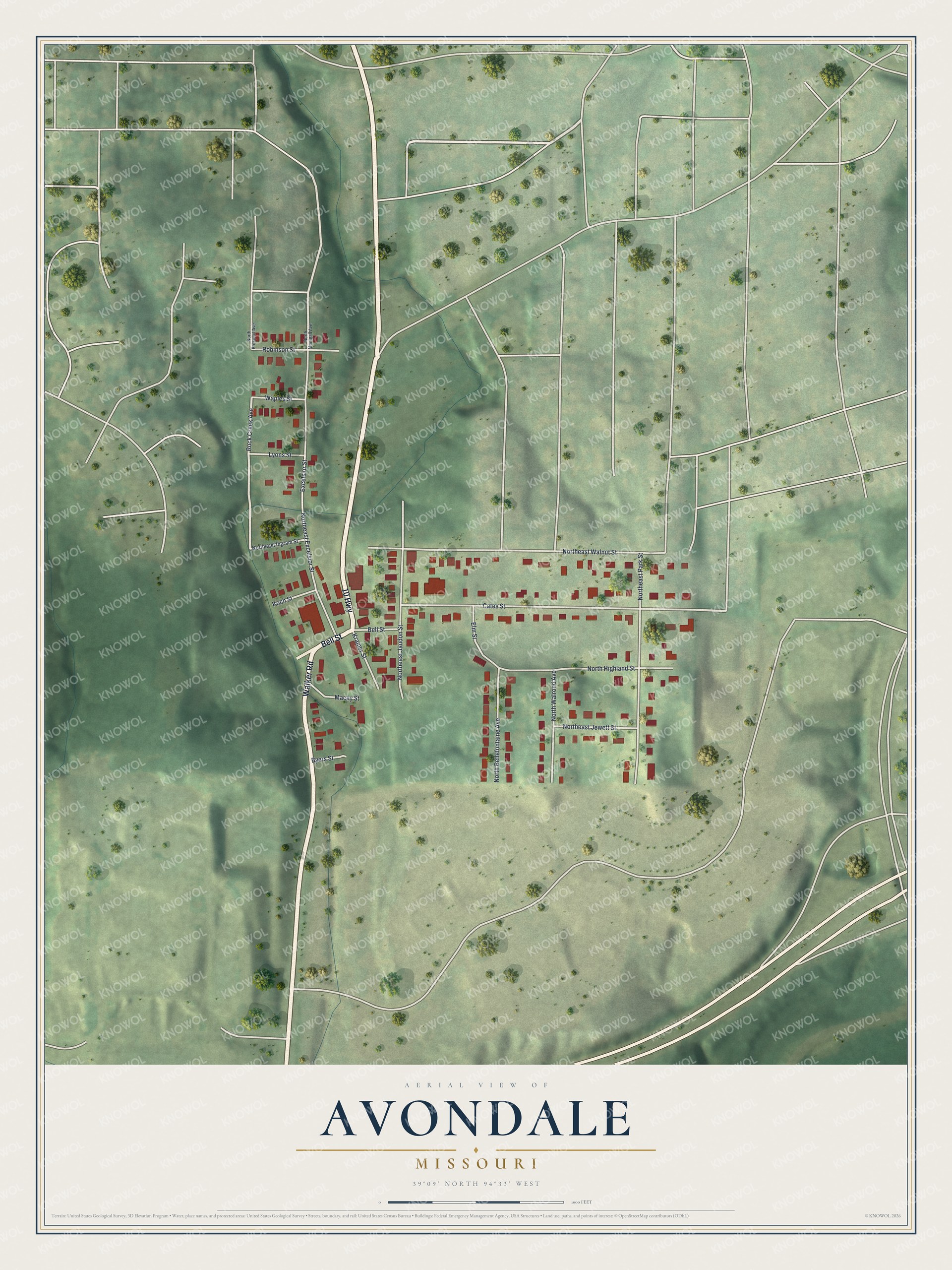 Full map of Avondale, Missouri, with red buildings, printed street names and the land around them