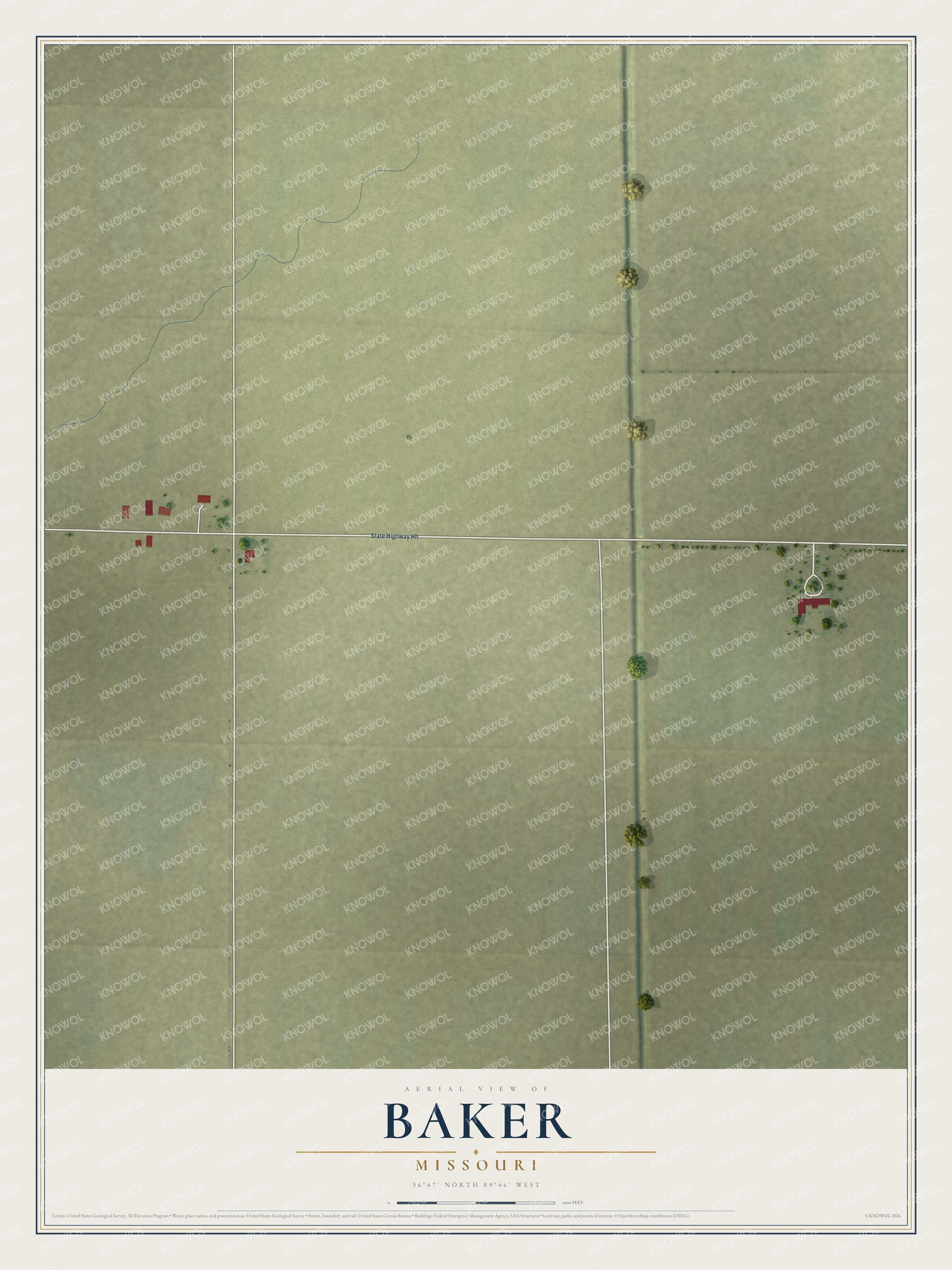 Full map of Baker, Missouri, with red buildings, printed street names and the land around them