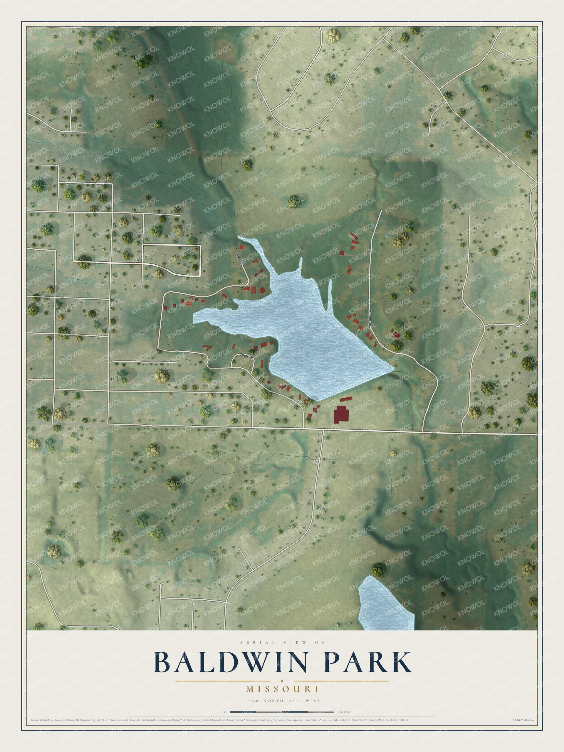 Full map of Baldwin Park, Missouri, with red buildings, printed street names and the land around them