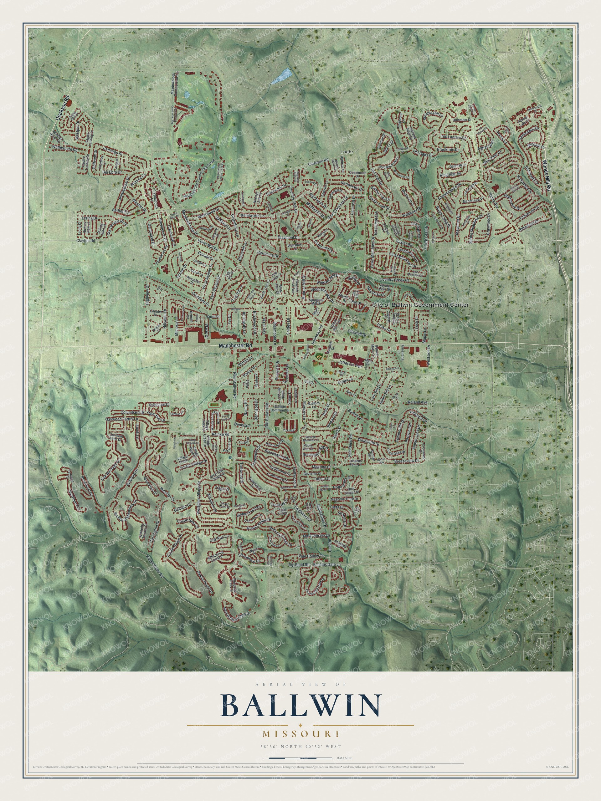 Aerial style map of Ballwin, Missouri with red buildings on green hills and Manchester Road across the middle