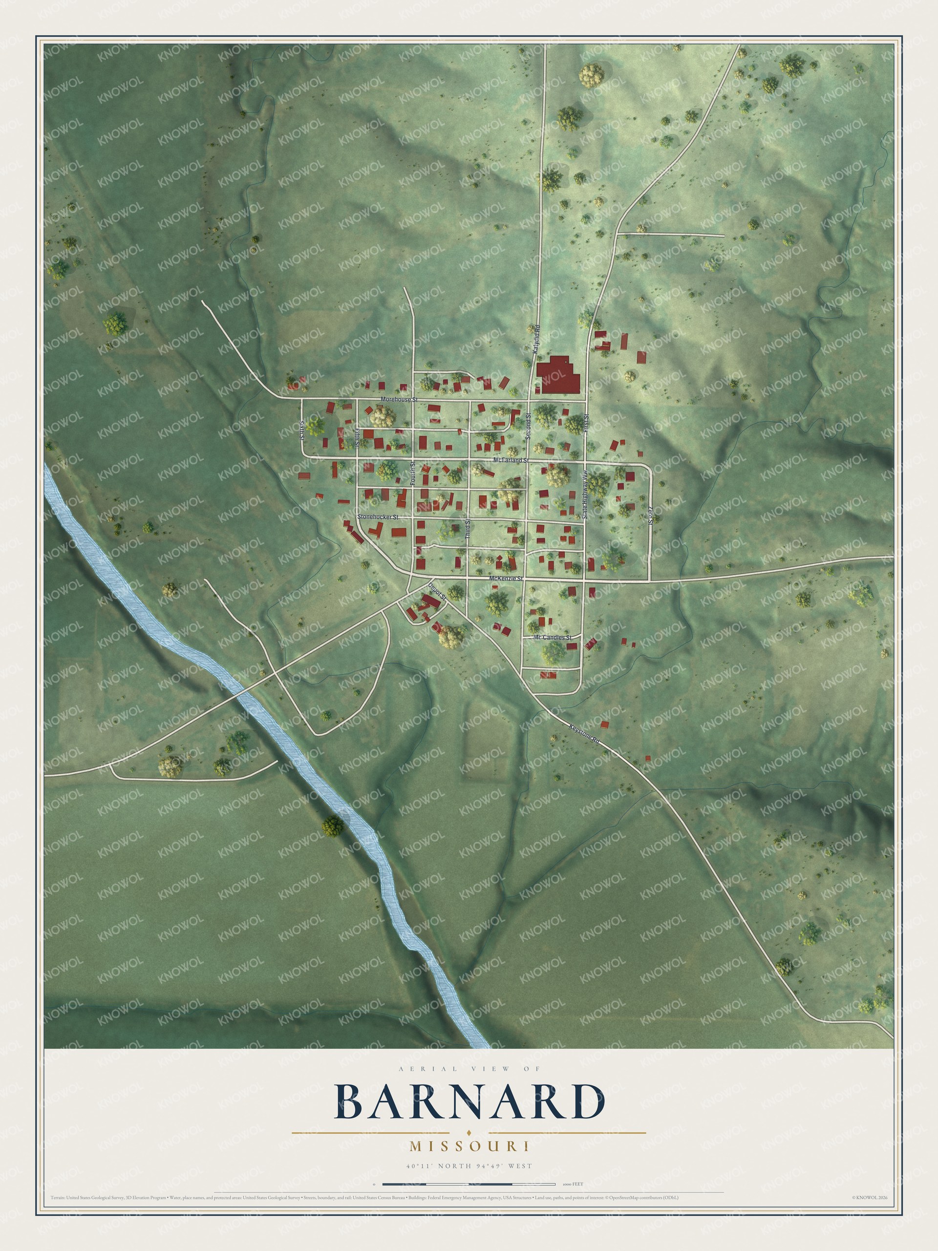Full Barnard, Missouri map with red buildings, green fields, blue water, named streets, and a cream title panel