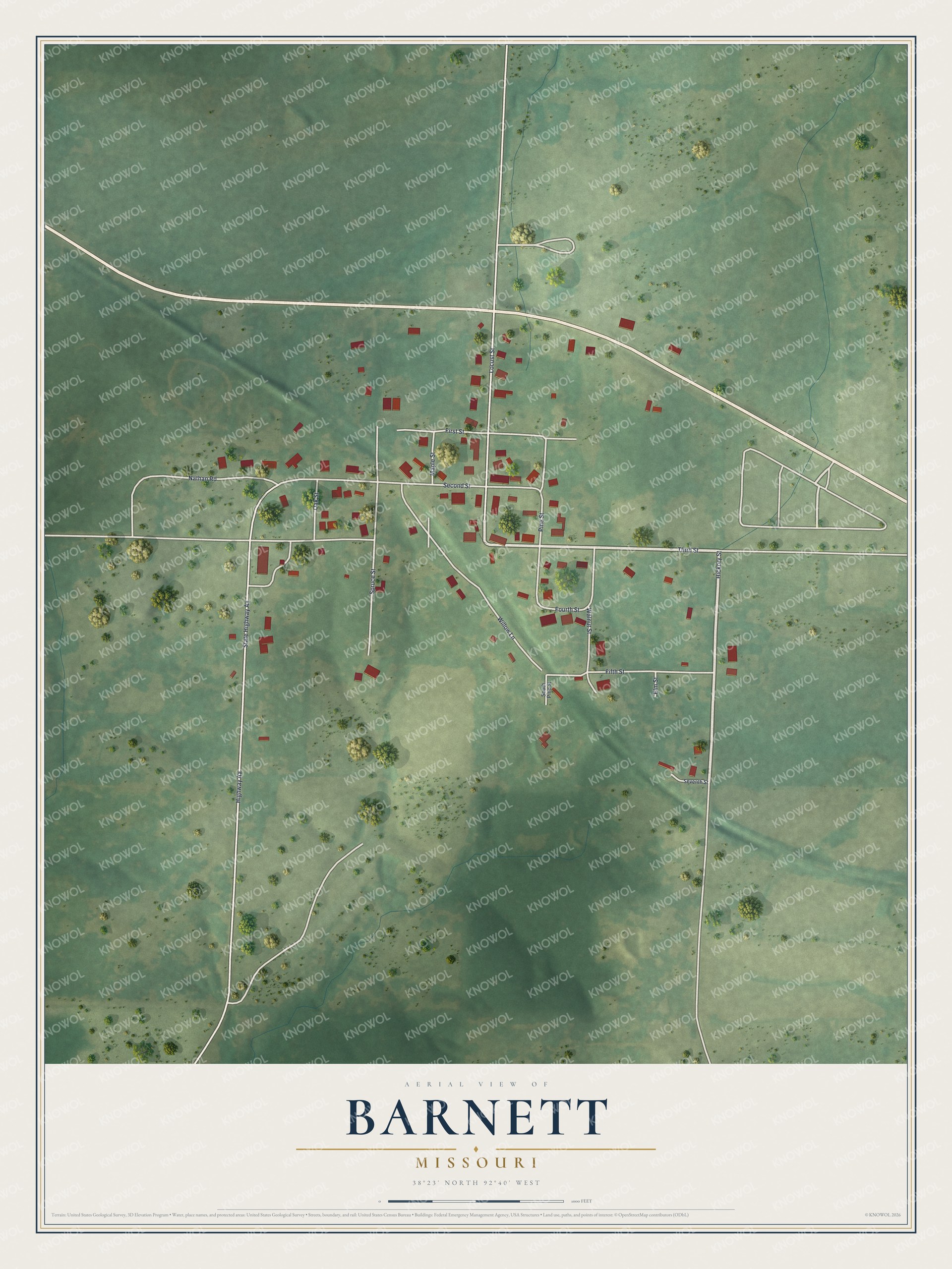 Full map of Barnett, Missouri, with red buildings, printed street names and the land around them