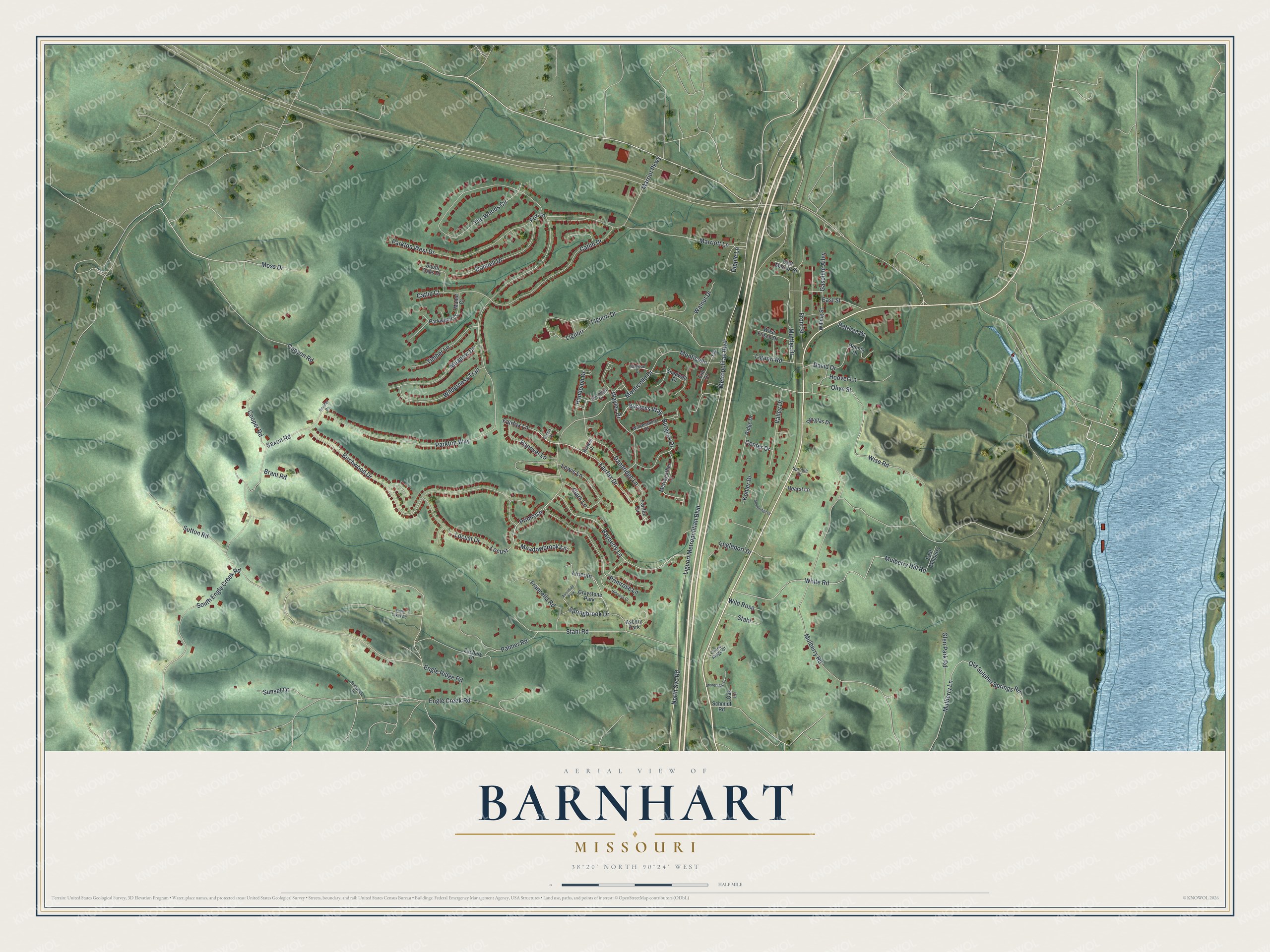 Full map of Barnhart, Missouri, with red buildings, printed street names and the land around them