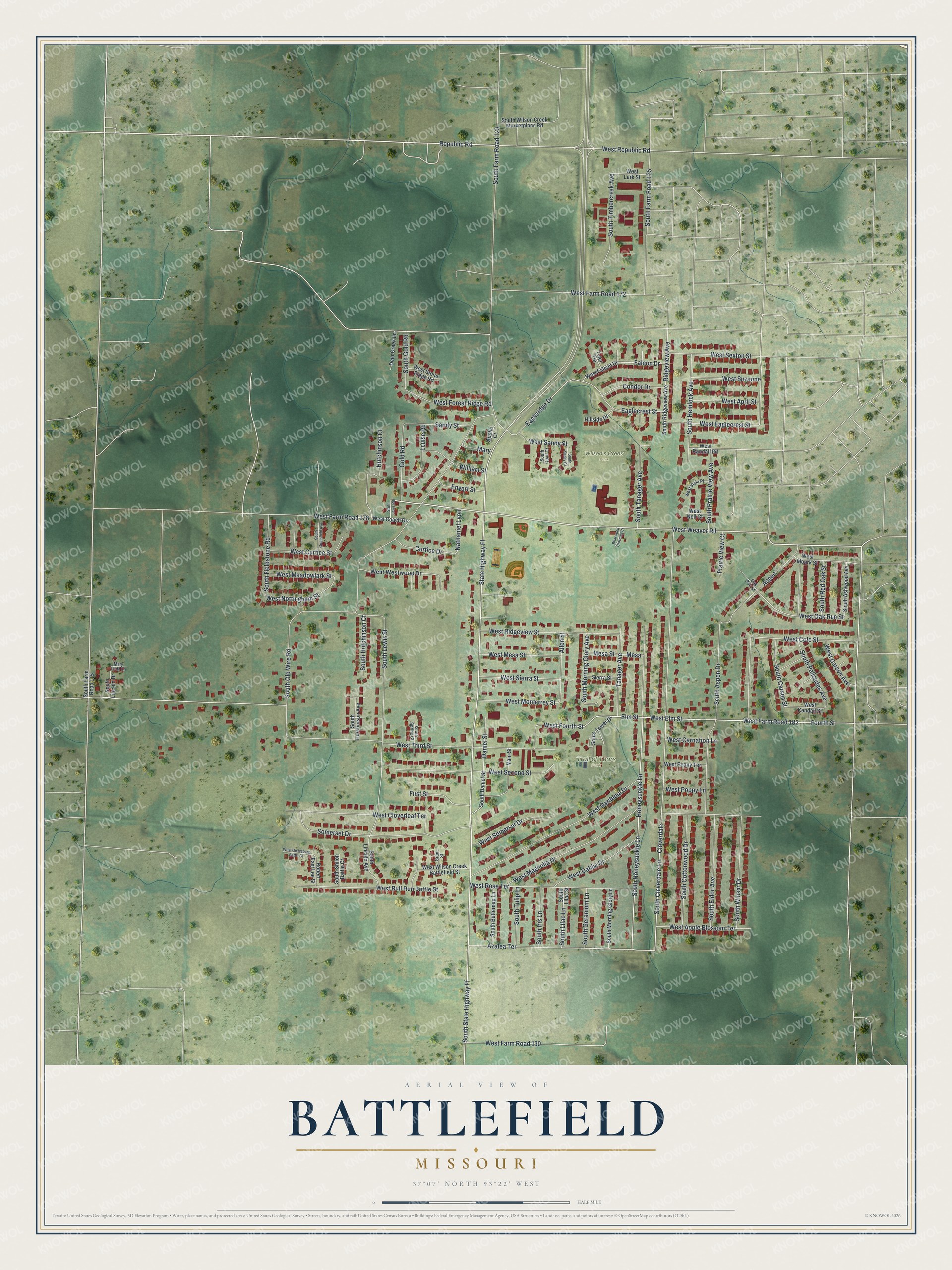 Full map of Battlefield, Missouri, with red buildings, printed street names and the land around them