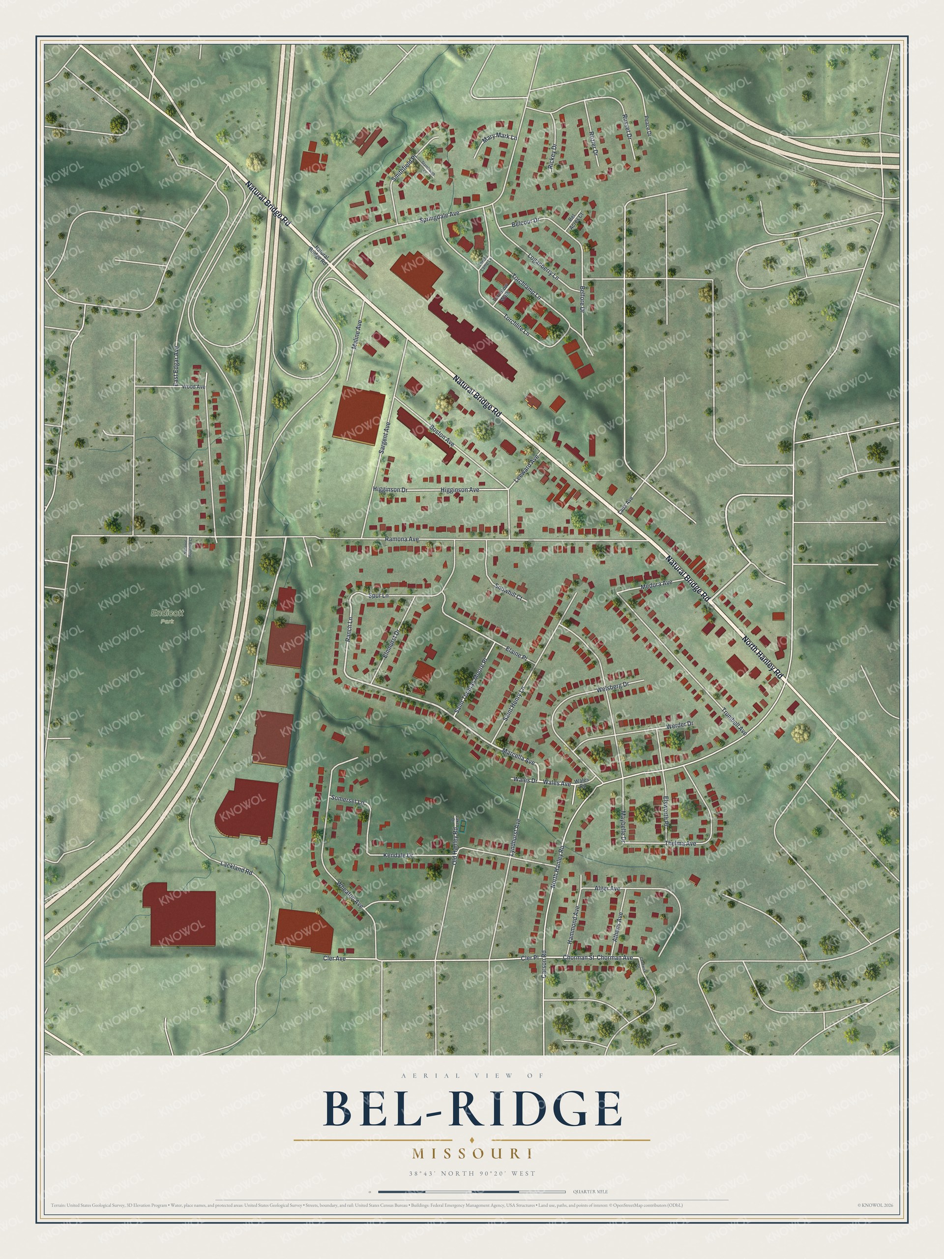 Full map of Bel-Ridge, Missouri, with red buildings, printed street names and the land around them