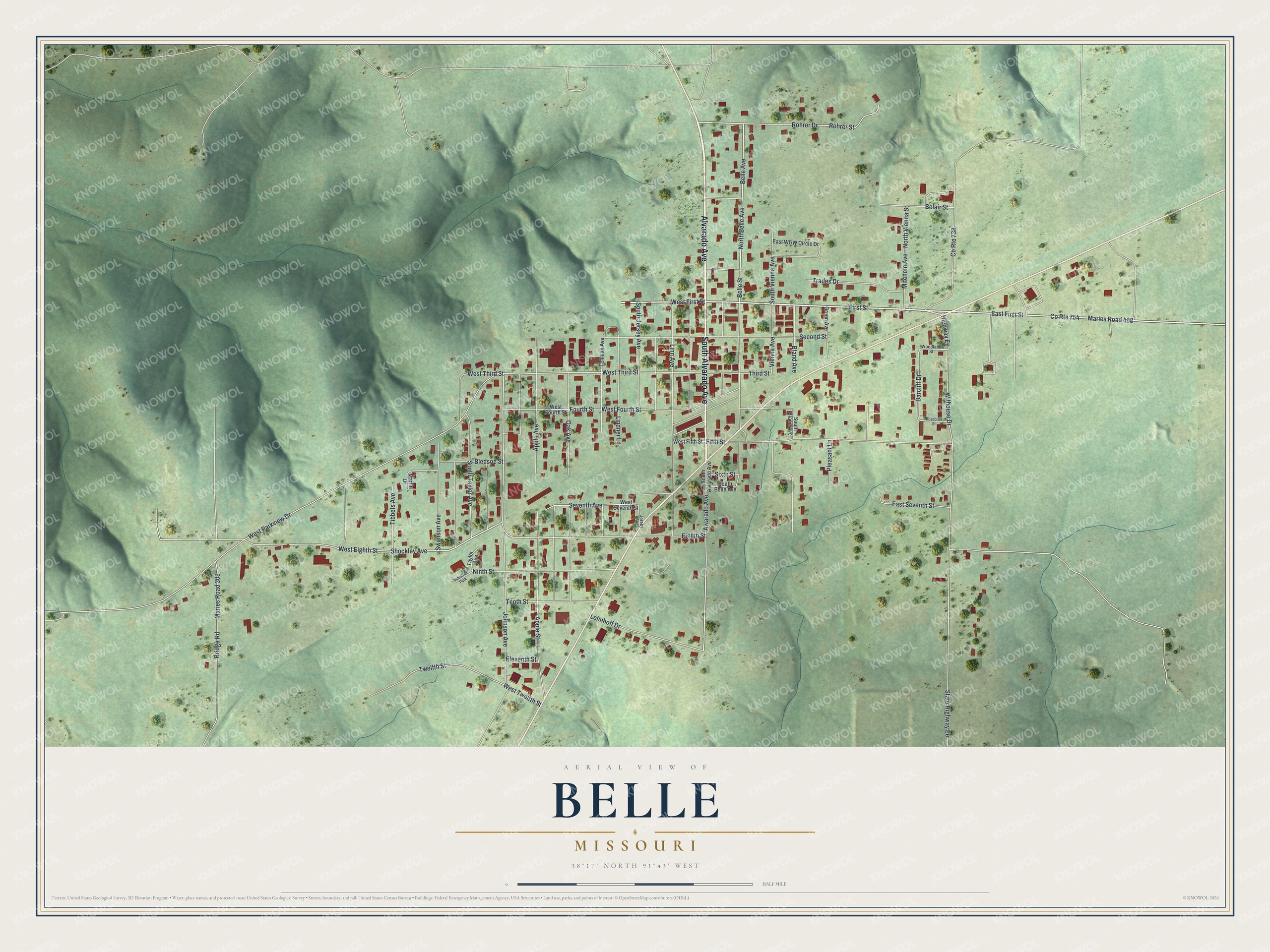 Full map of Belle, Missouri, with red buildings, printed street names and the land around them