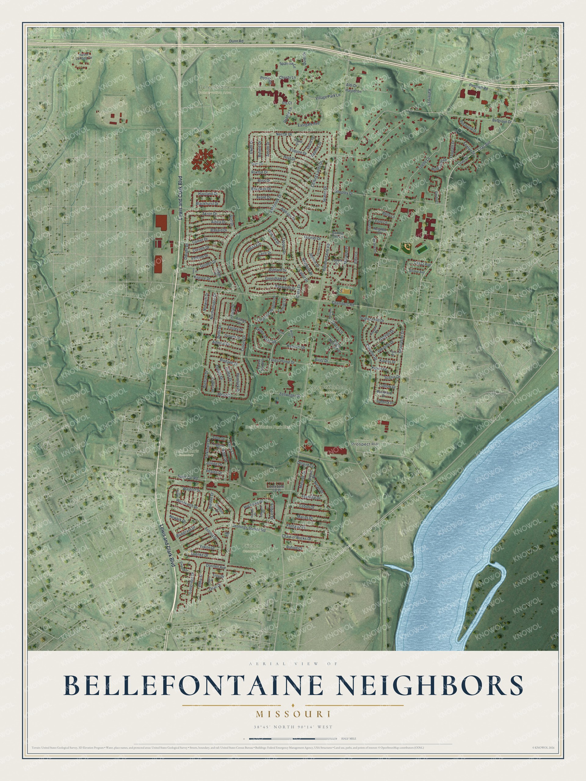 Full map of Bellefontaine Neighbors, Missouri, with red buildings, printed street names and the land around them