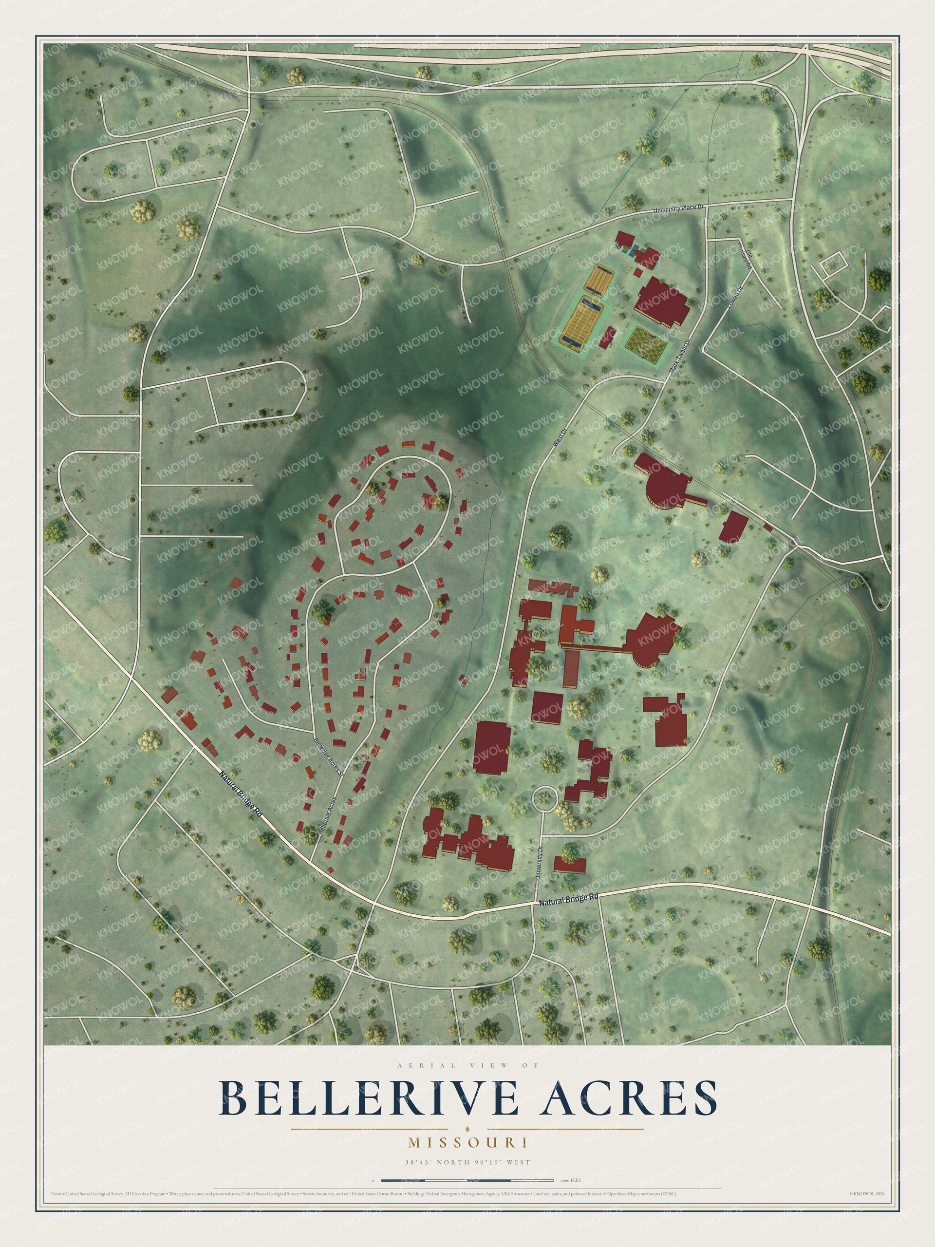 Full map of Bellerive Acres, Missouri, with red buildings, printed street names and the land around them