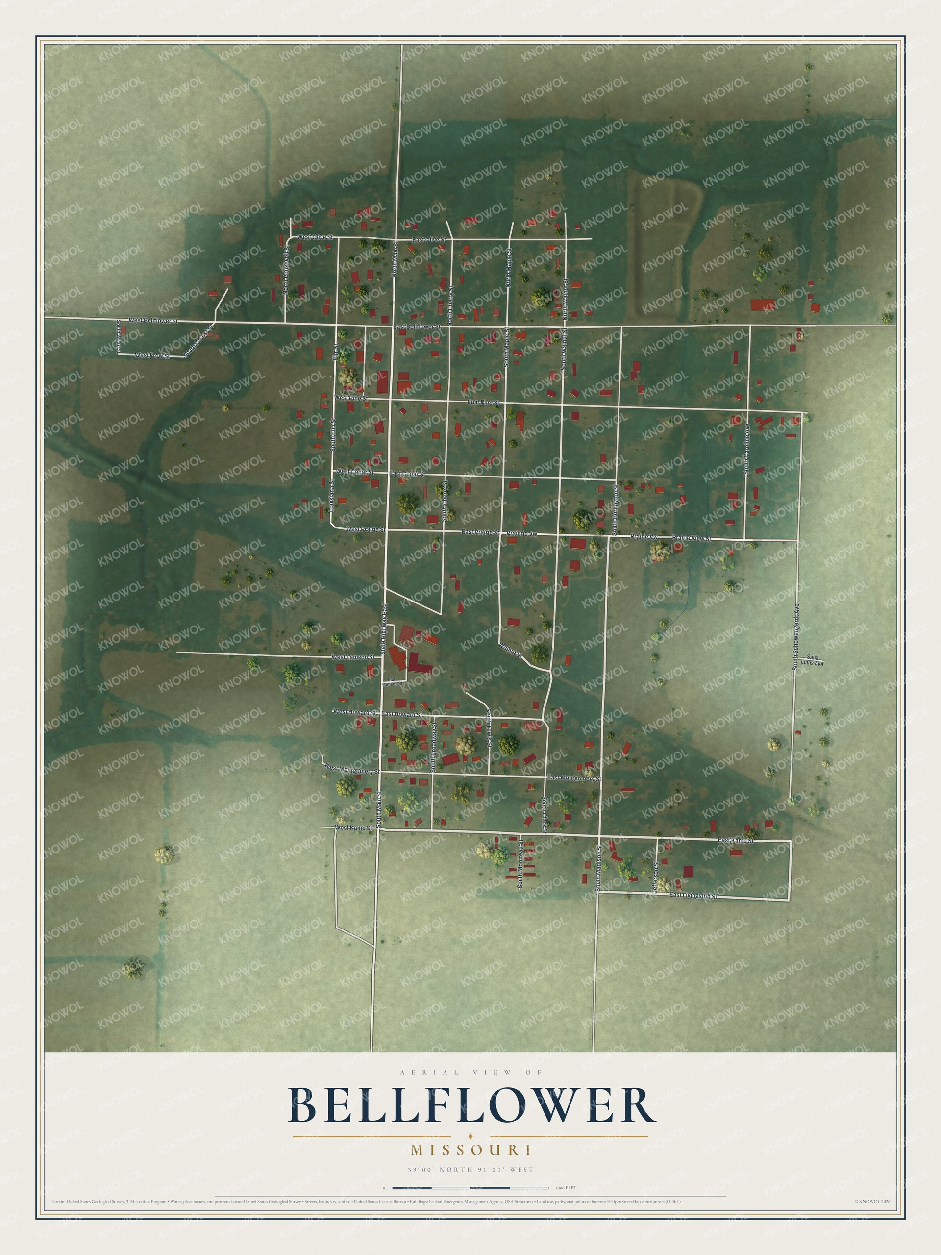 Full map of Bellflower, Missouri, with red buildings, printed street names and the land around them