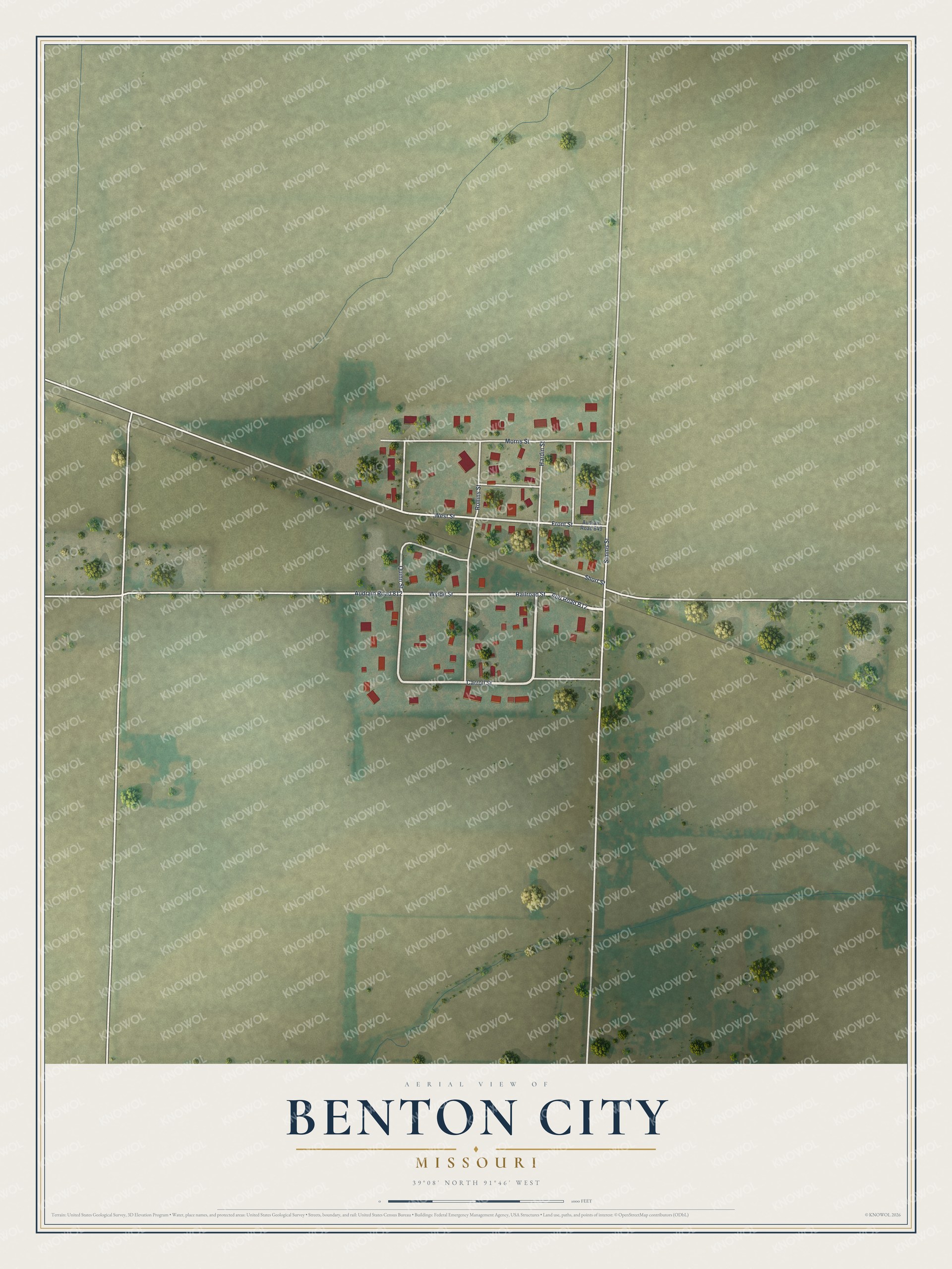 Full map of Benton City, Missouri, with red buildings, printed street names and the land around them