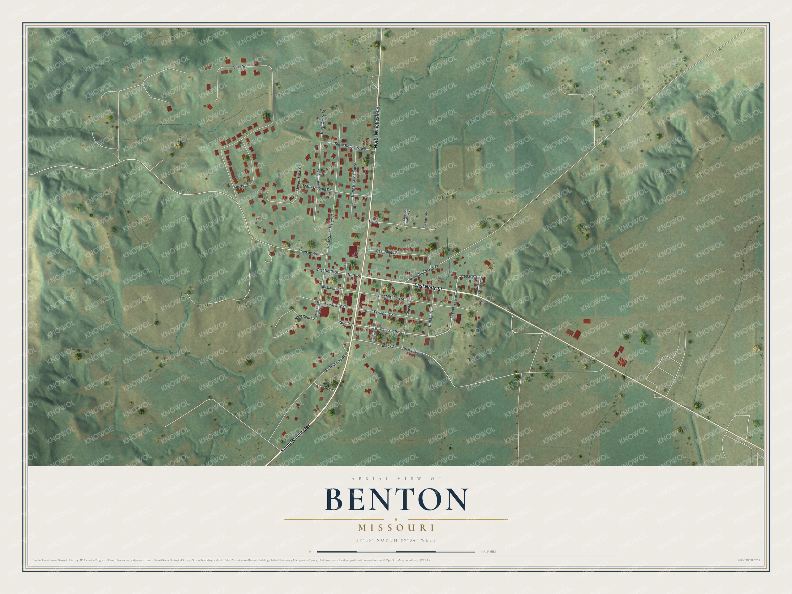 Full Benton, Missouri map with red buildings, pale roads, green shaded hills, and a cream title panel