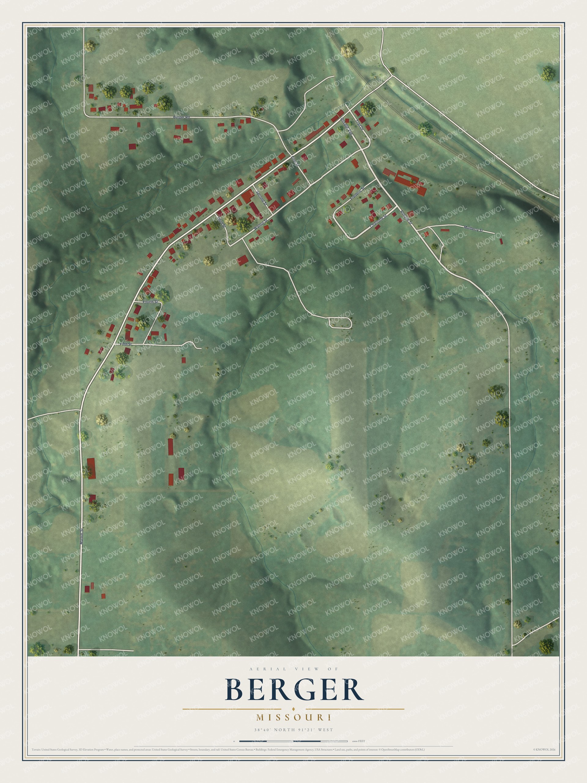 Full map of Berger, Missouri, with red buildings, printed street names and the land around them