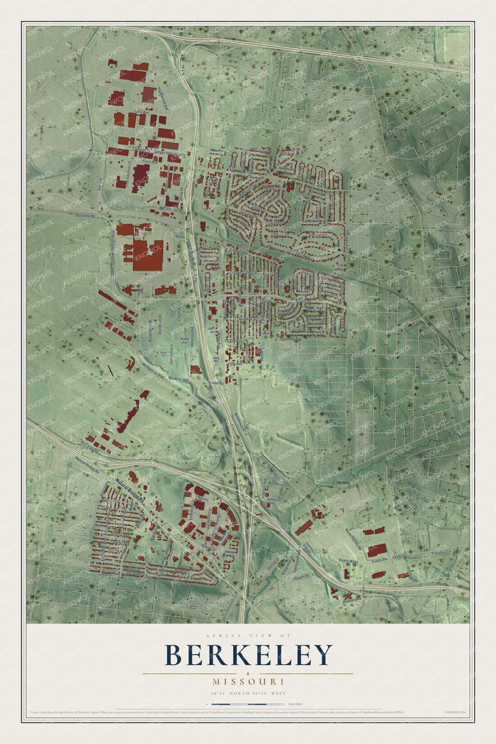 Aerial map of Berkeley, Missouri with green hills, red buildings, highways and Natural Bridge Road
