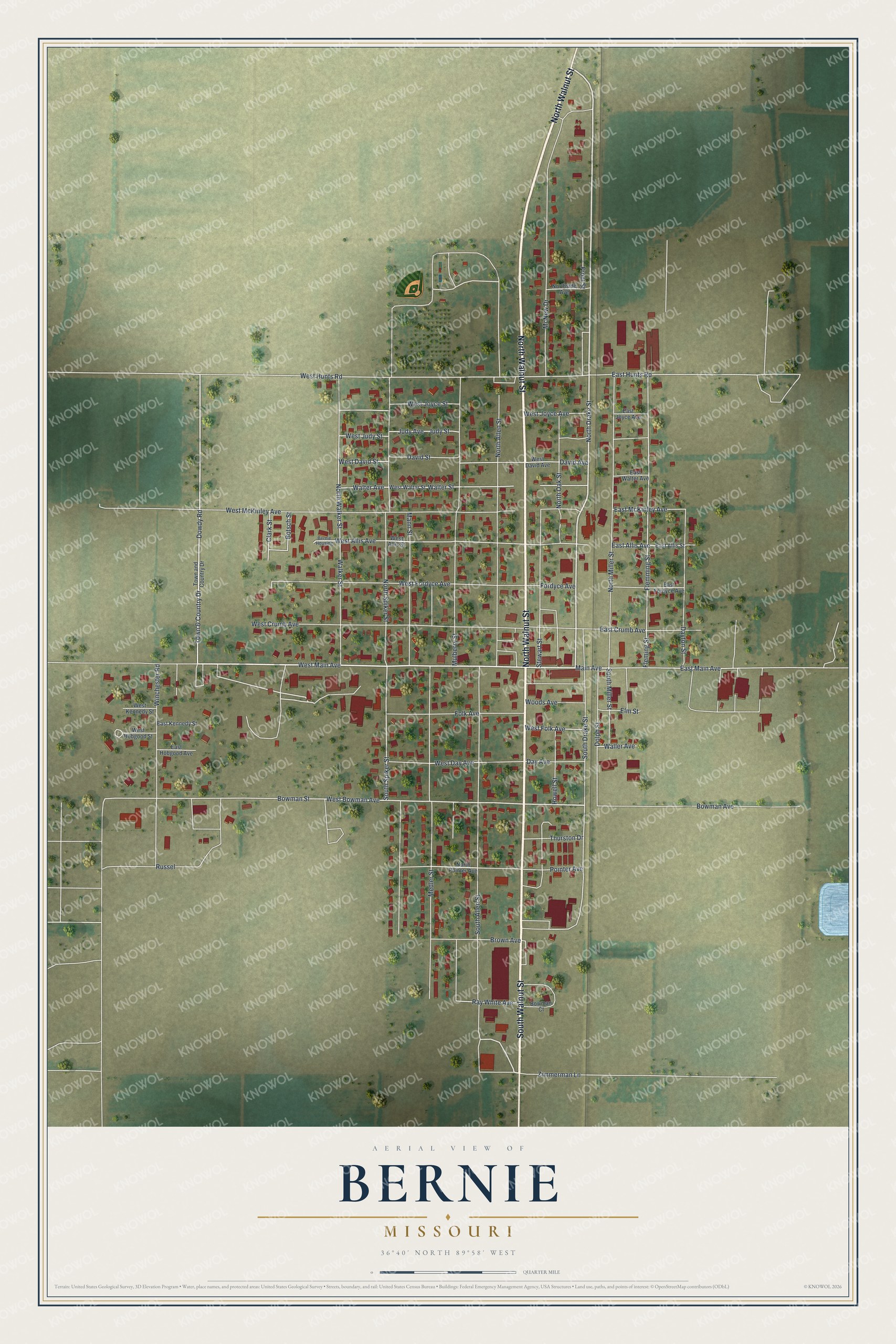 Full map of Bernie, Missouri, with red buildings, printed street names and the land around them