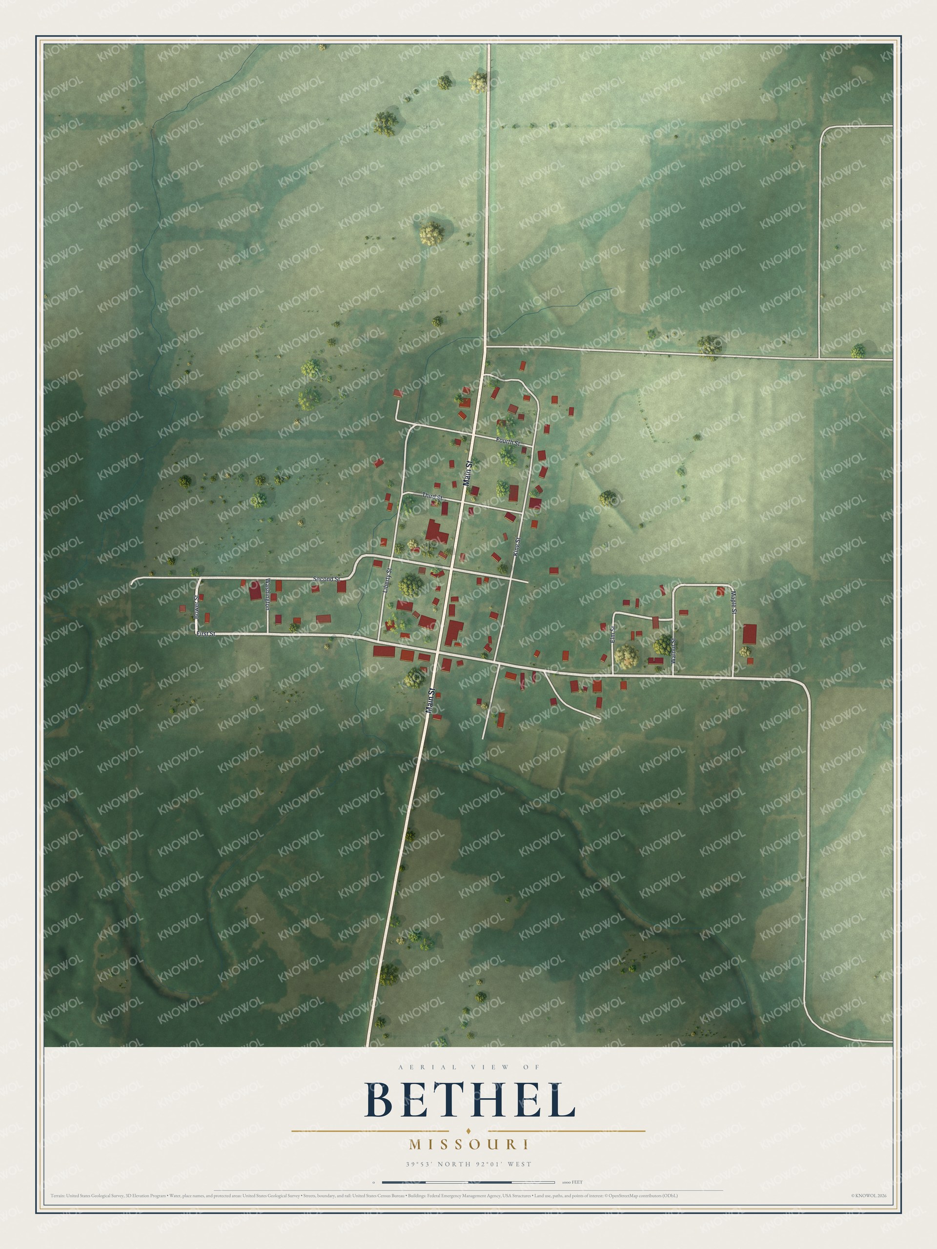Aerial map of Bethel, Missouri, with red buildings along Main Street, green fields and a wooded valley below town