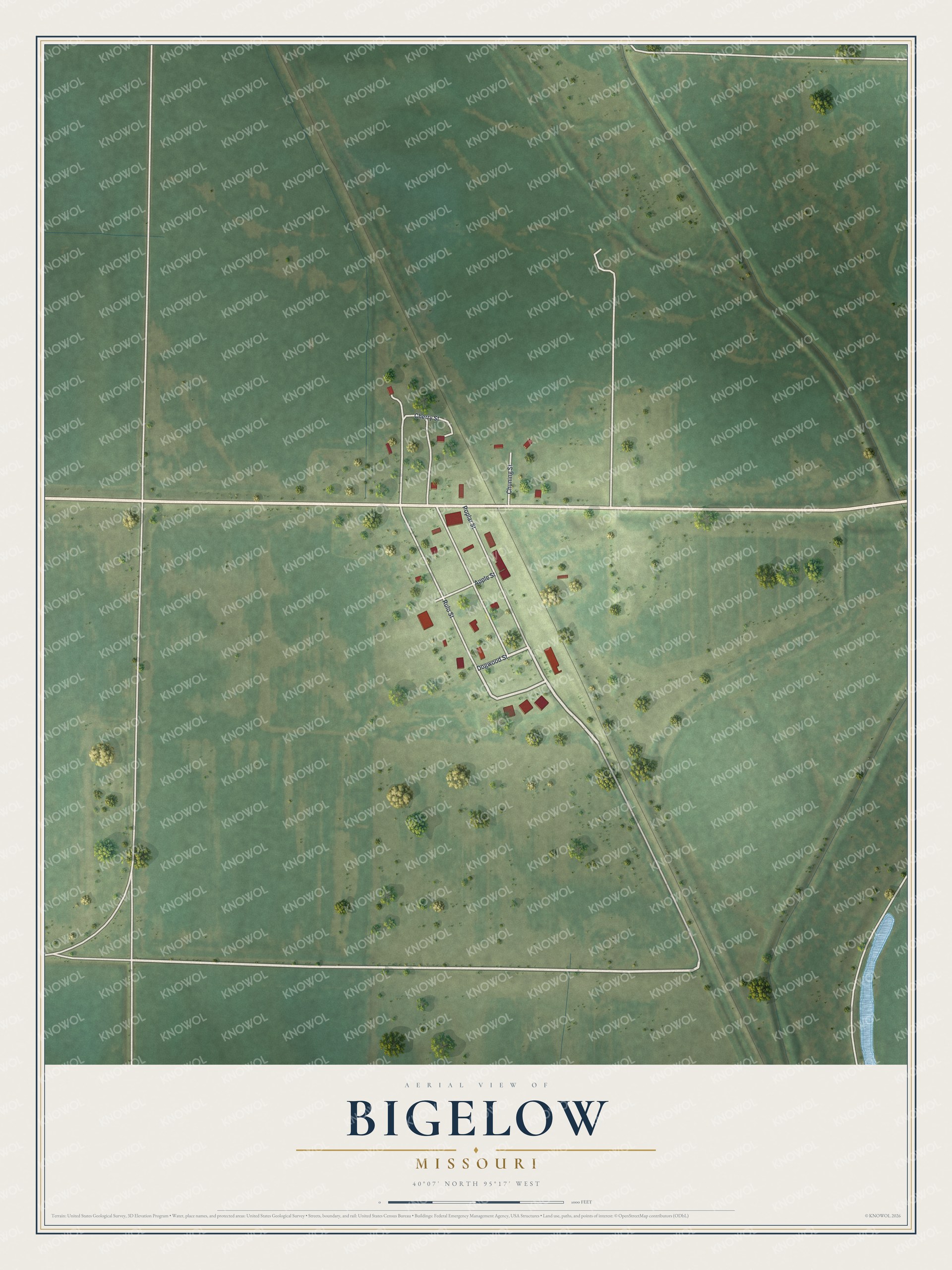 Aerial map of Bigelow, Missouri, with a small grid of streets beside a diagonal rail line among green fields