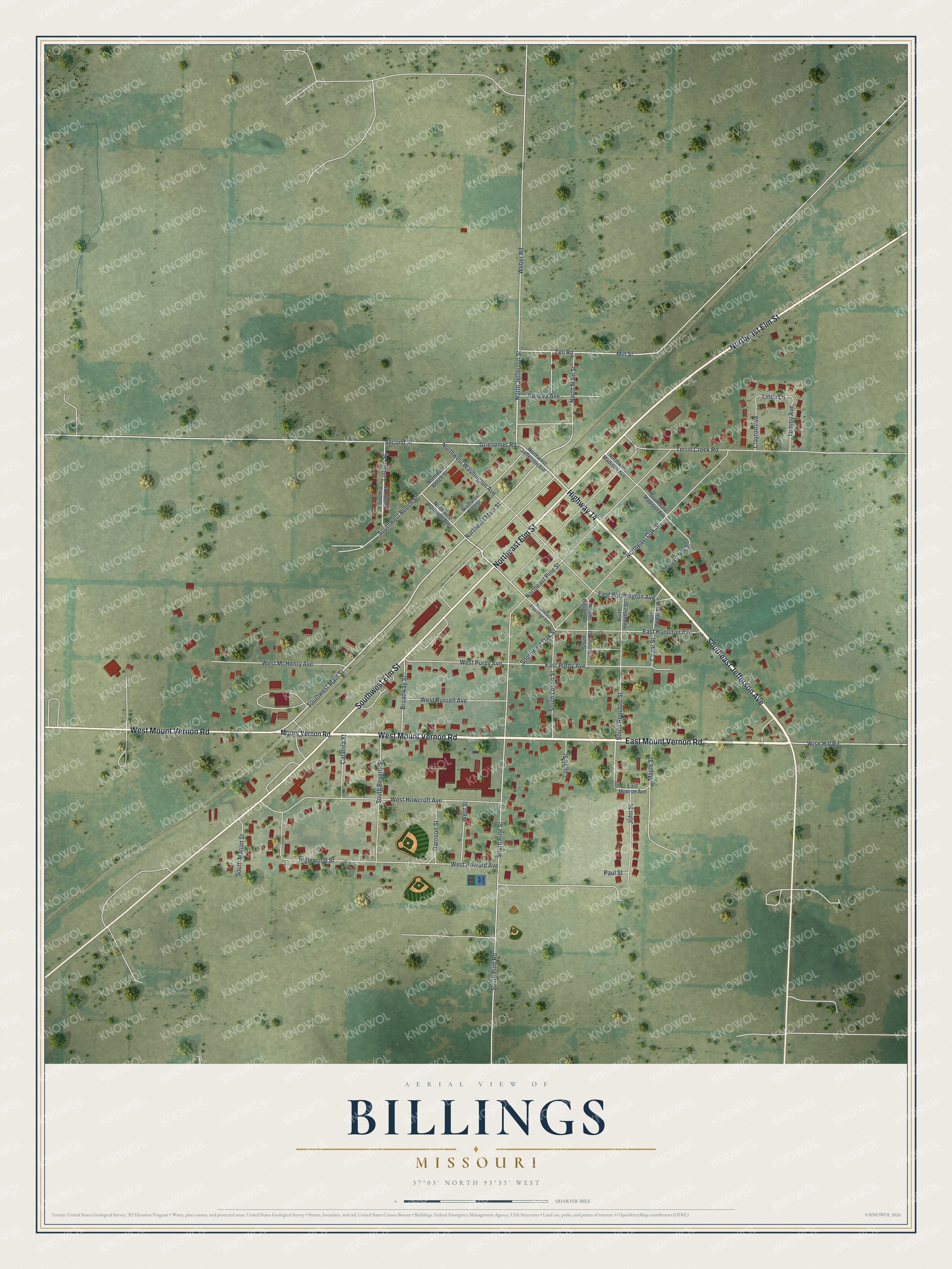 Full map of Billings, Missouri, with red buildings, printed street names and the land around them