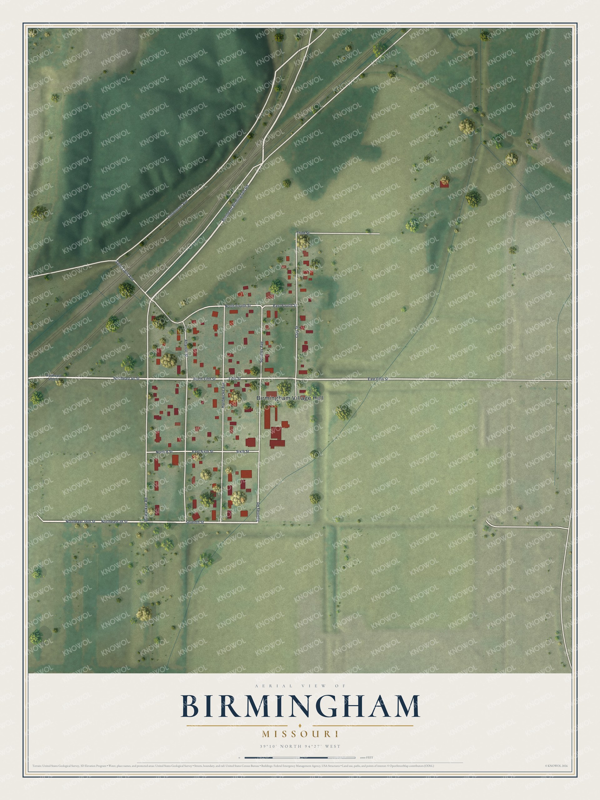 Full map of Birmingham, Missouri, with red buildings, printed street names and the land around them