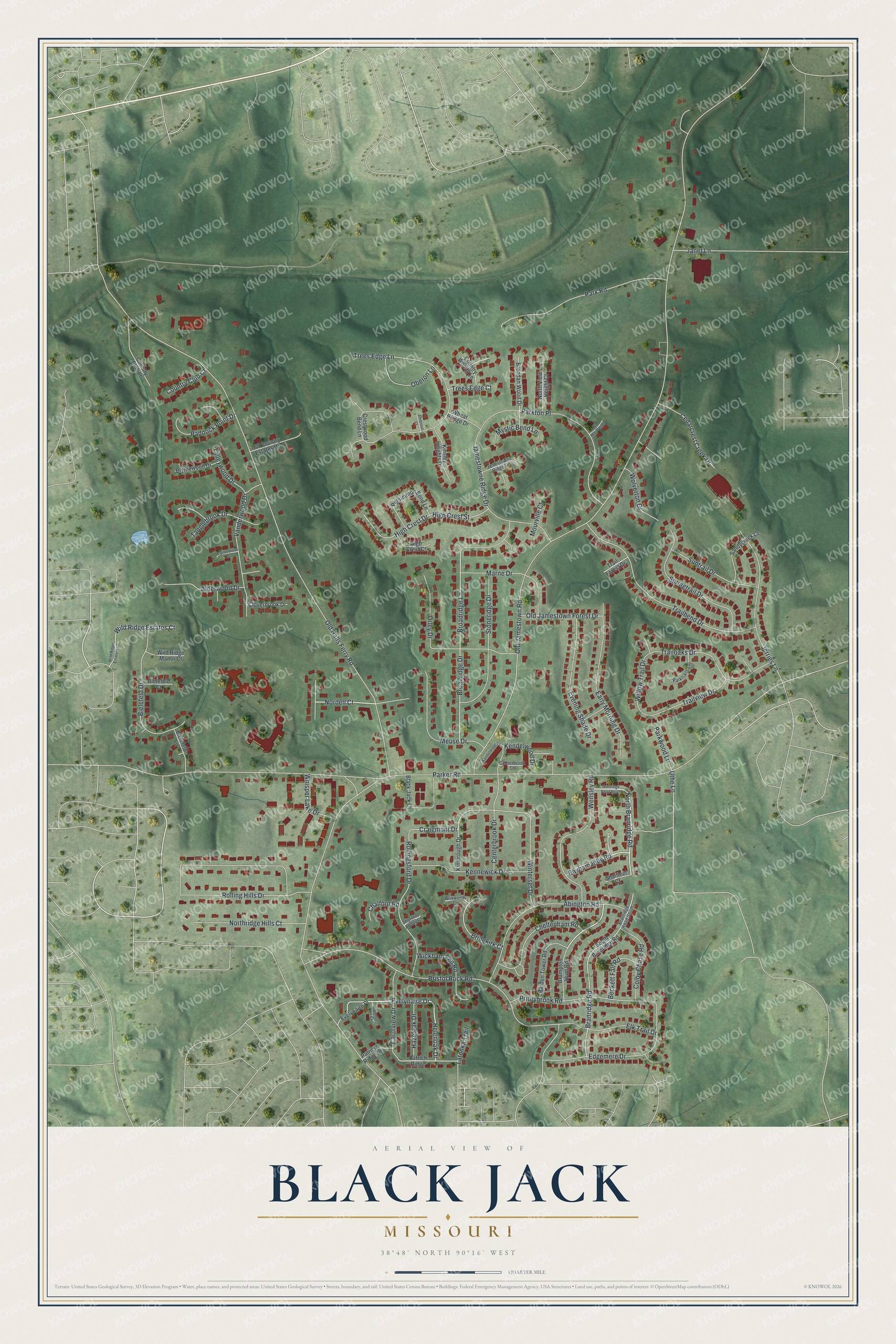 Full map of Black Jack, Missouri, with red buildings, printed street names and the land around them