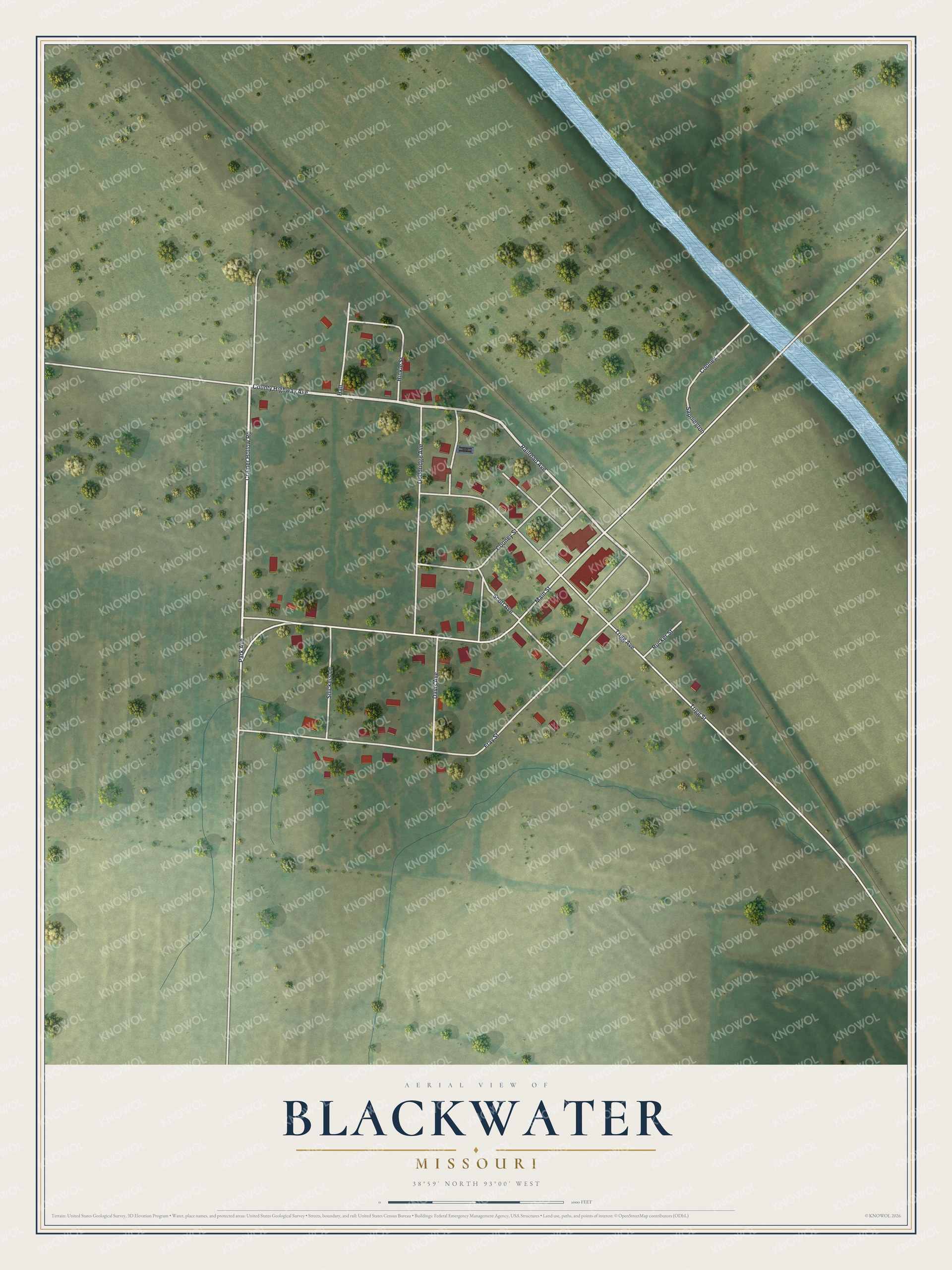 Full aerial map of Blackwater, Missouri with red buildings, green fields, blue waterways and a cream title panel