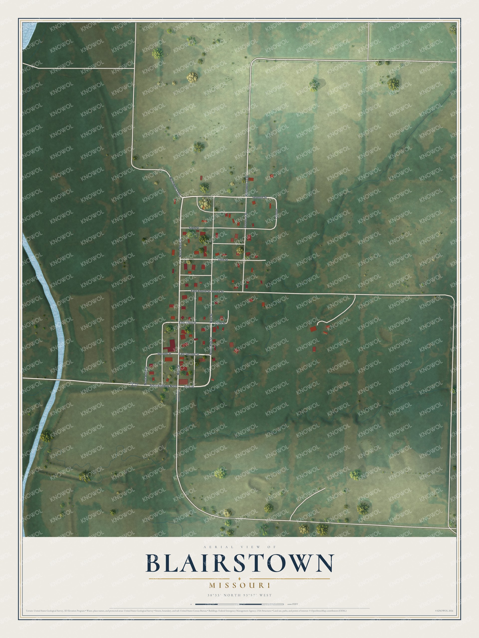 Aerial view map of Blairstown, Missouri, with a small grid of streets in green farm fields and a blue river on the left