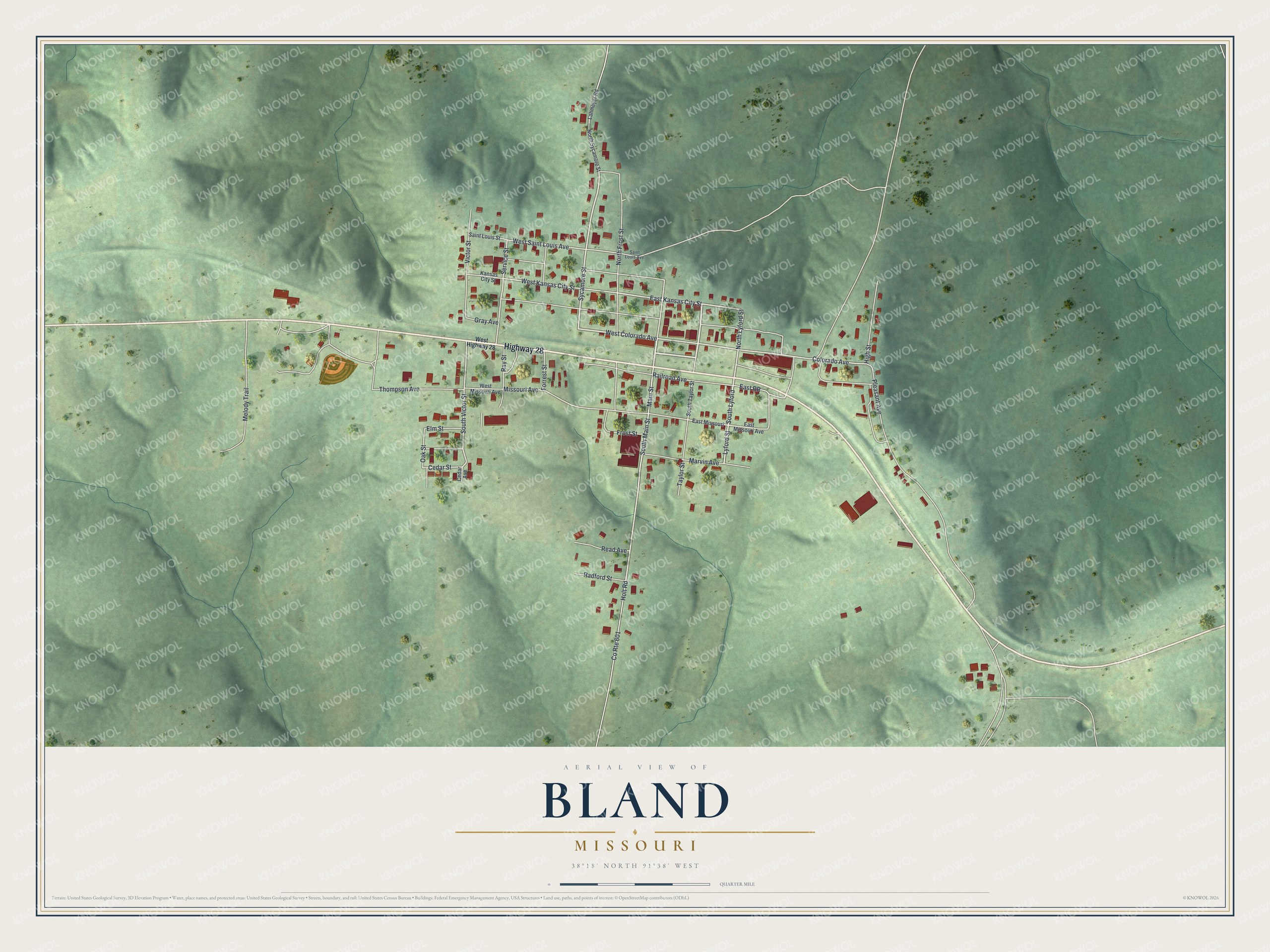 Full map of Bland, Missouri, with red buildings, printed street names and the land around them