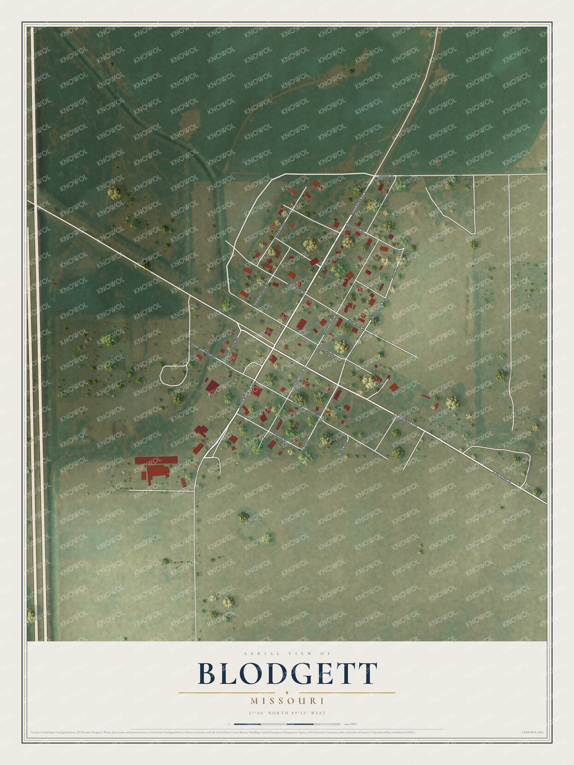 Full map of Blodgett, Missouri, with red buildings, printed street names and the land around them