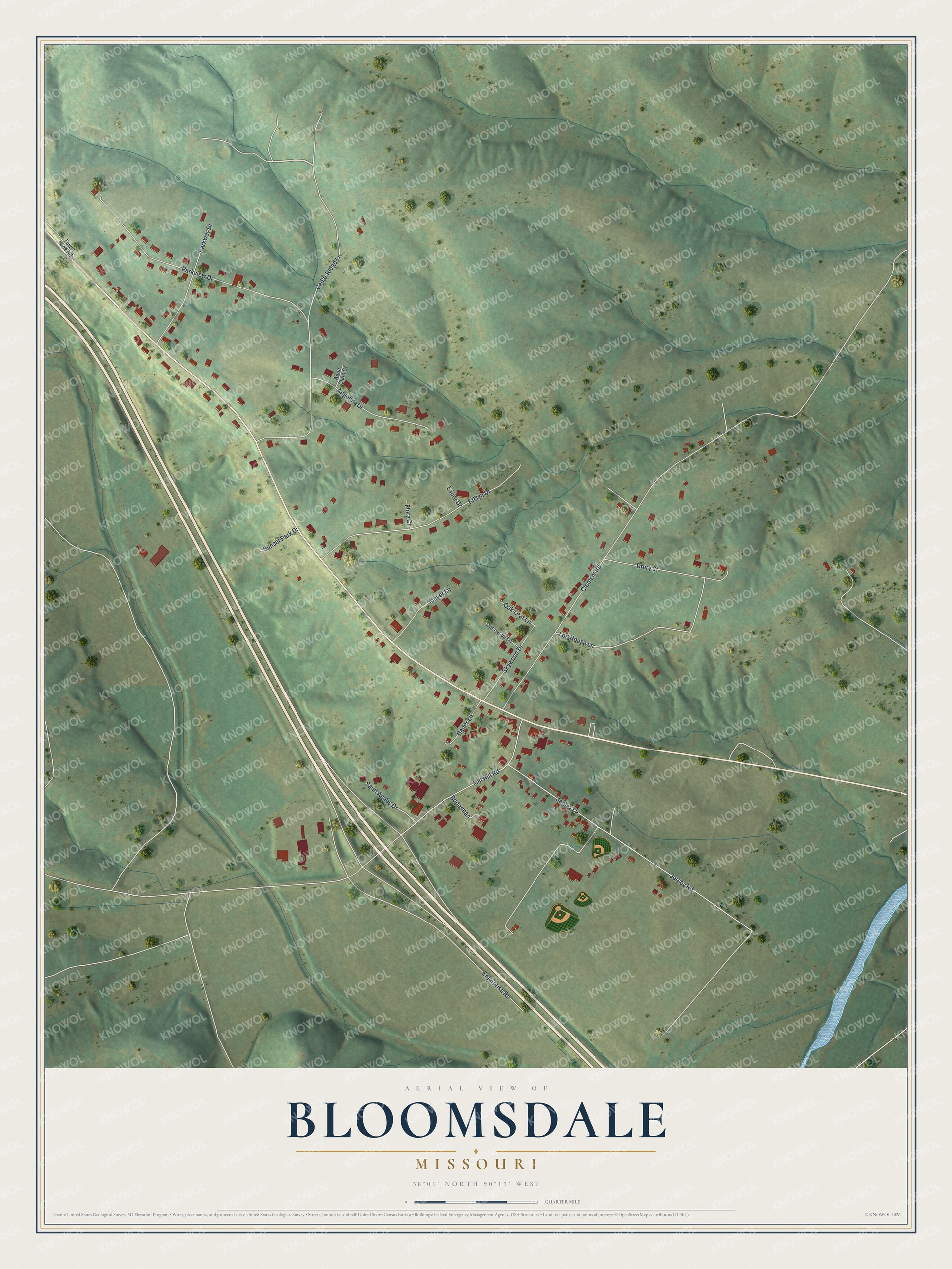 Full map of Bloomsdale, Missouri, with red buildings, printed street names and the land around them
