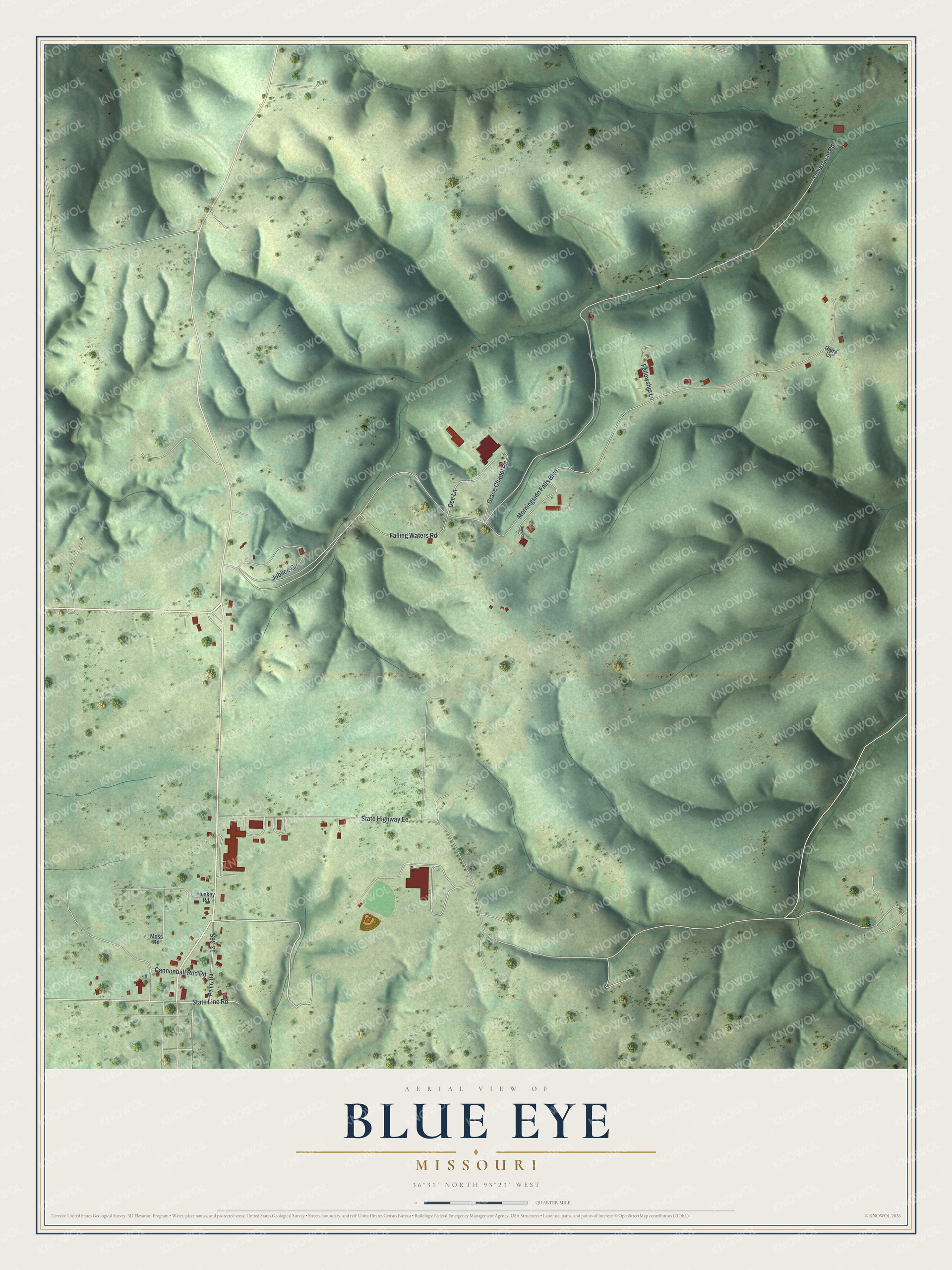 Full map of Blue Eye, Missouri, with red buildings, printed street names and the land around them