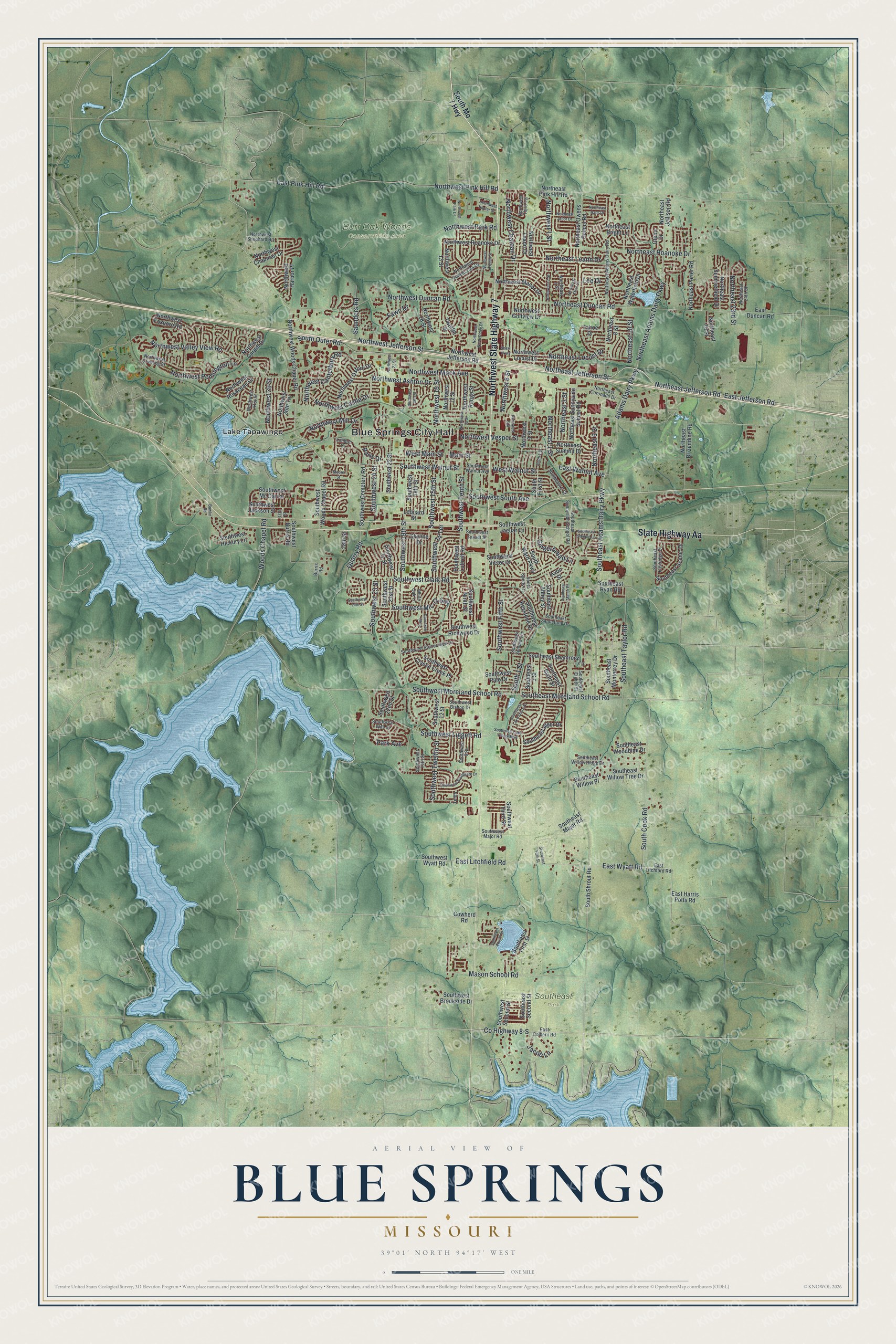 Full Blue Springs, Missouri map with red buildings, green hills, blue lakes, named streets, and a cream title panel