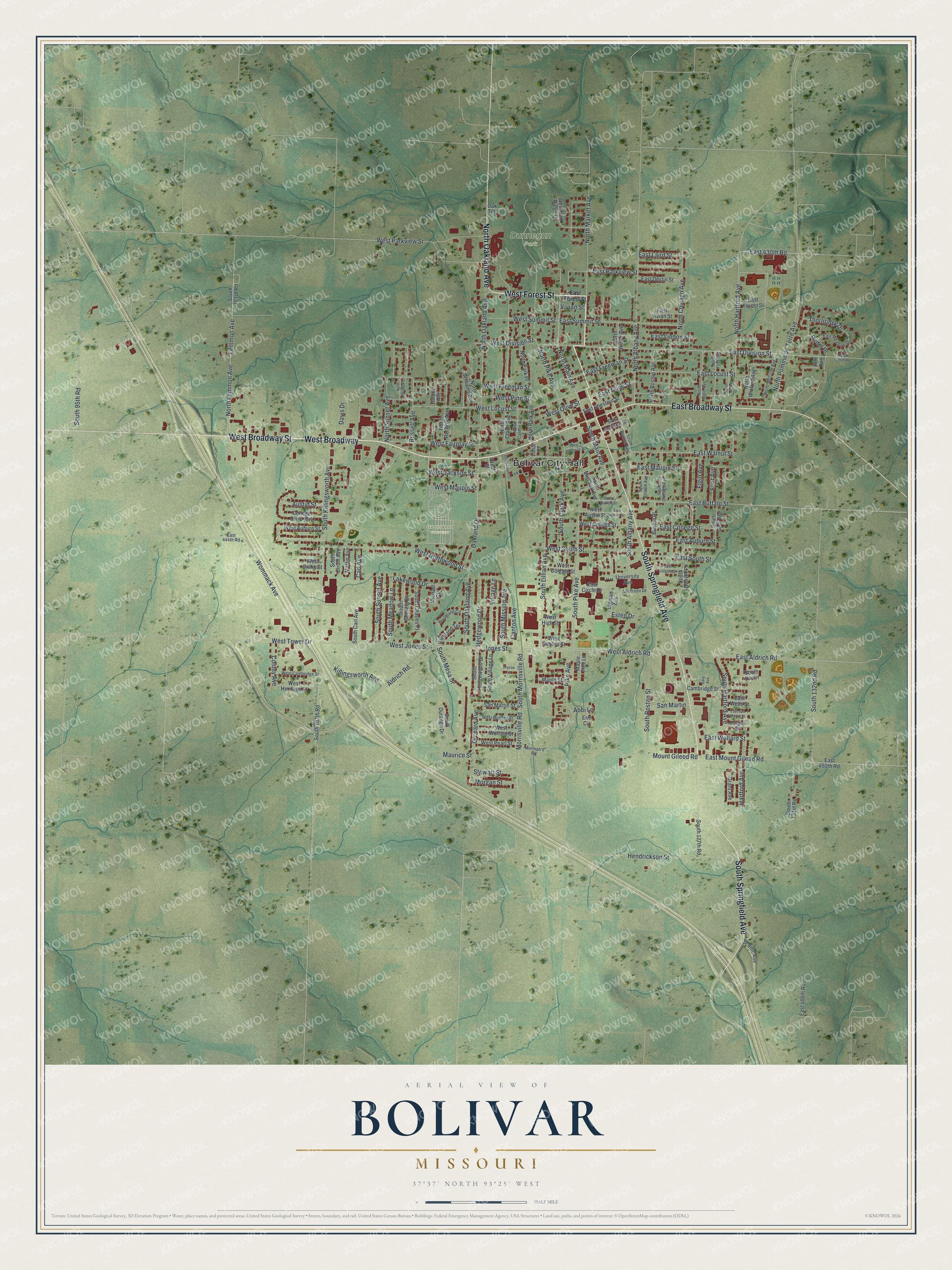 Watermarked full-map preview of Bolivar, Missouri