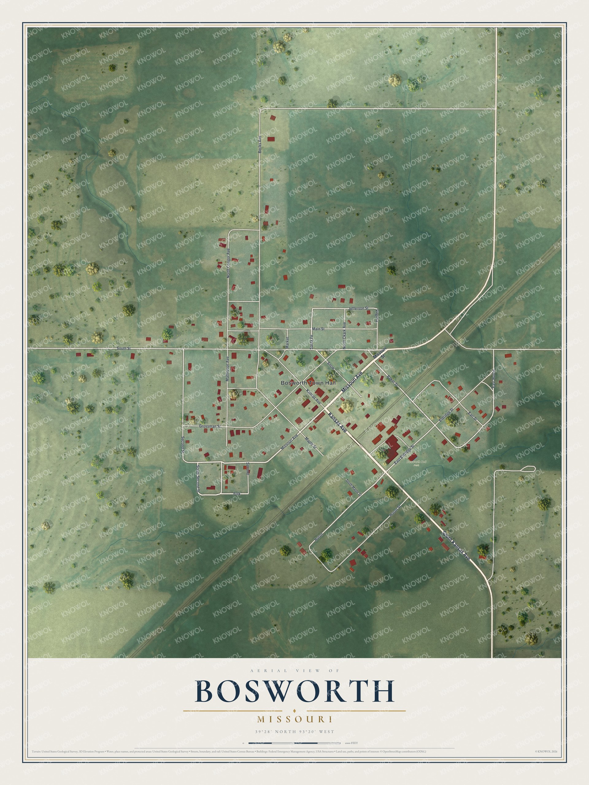 Full map of Bosworth, Missouri, with red buildings, printed street names and the land around them