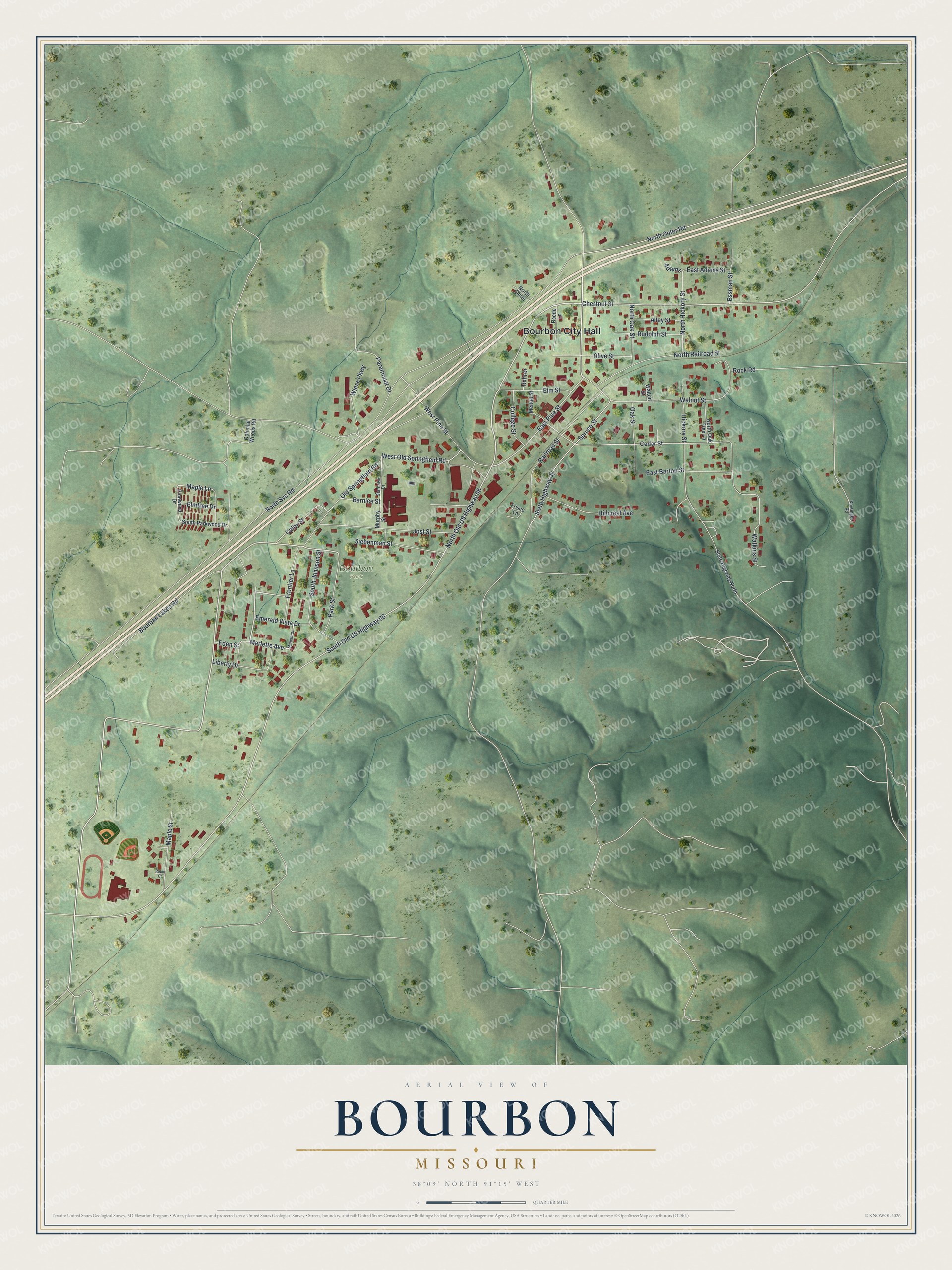 Full map of Bourbon, Missouri, with red buildings, printed street names and the land around them