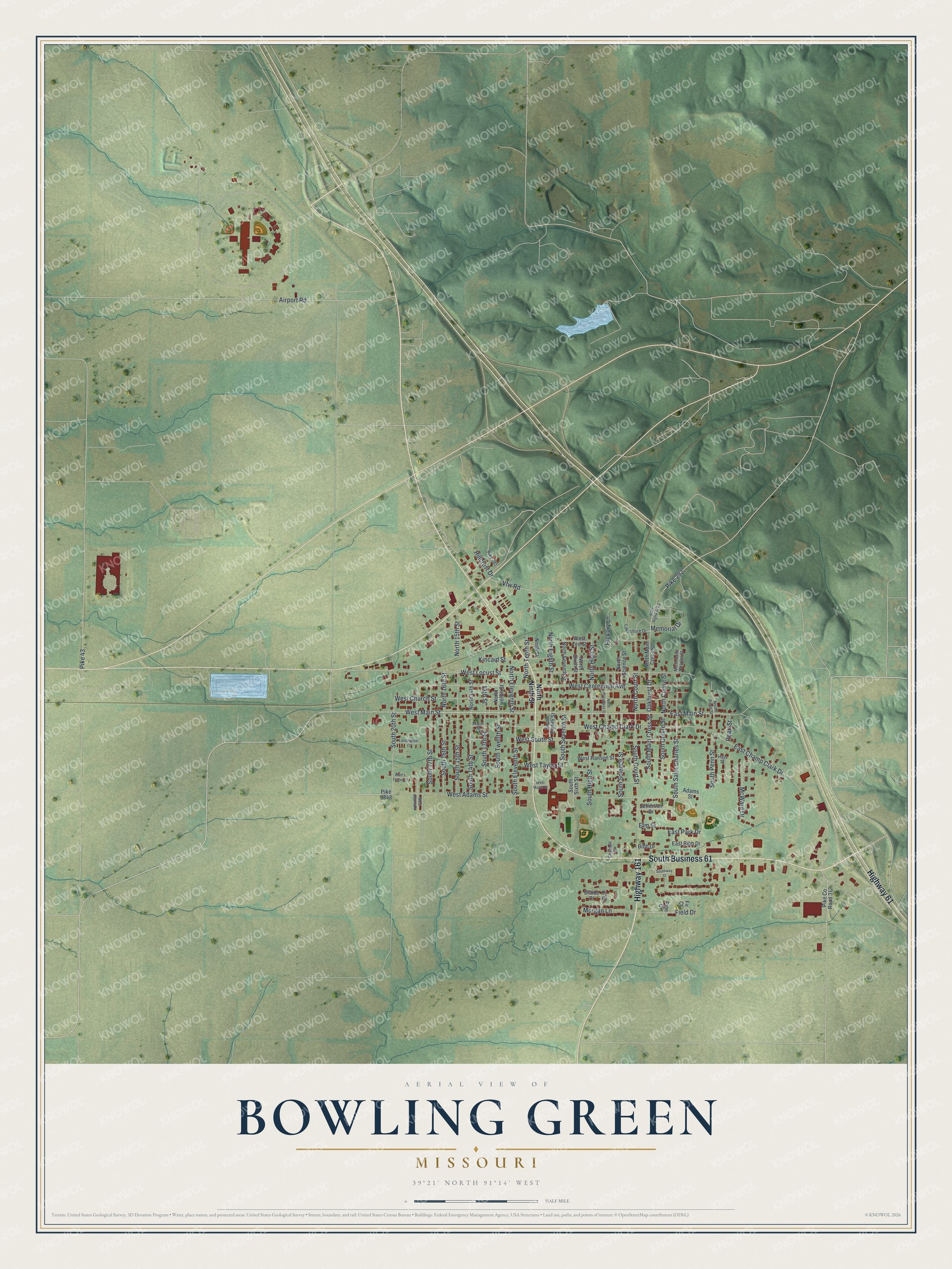 Full aerial map of Bowling Green, Missouri, with red buildings, a street grid, green fields and shaded hills within a cream border