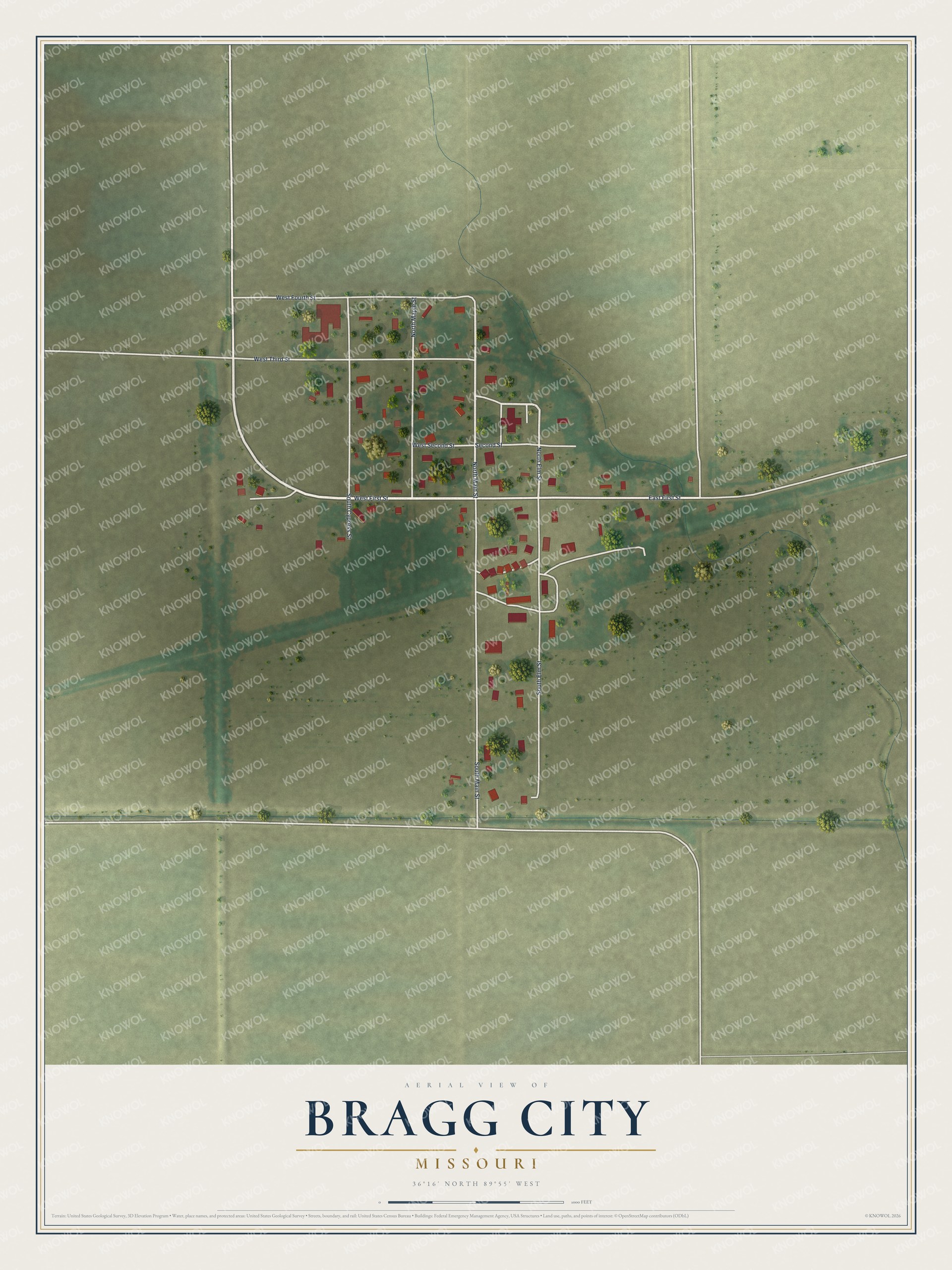 Full map of Bragg City, Missouri, with red buildings, printed street names and the land around them