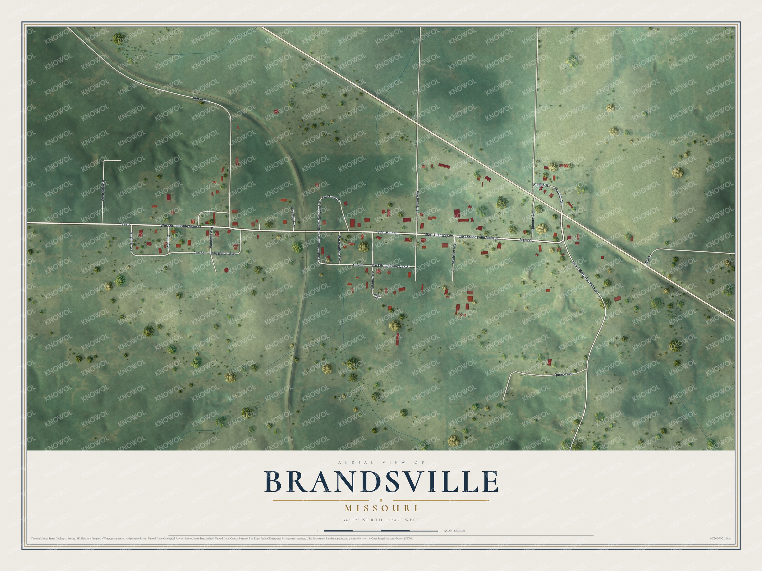 Full map of Brandsville, Missouri, with red buildings, printed street names and the land around them