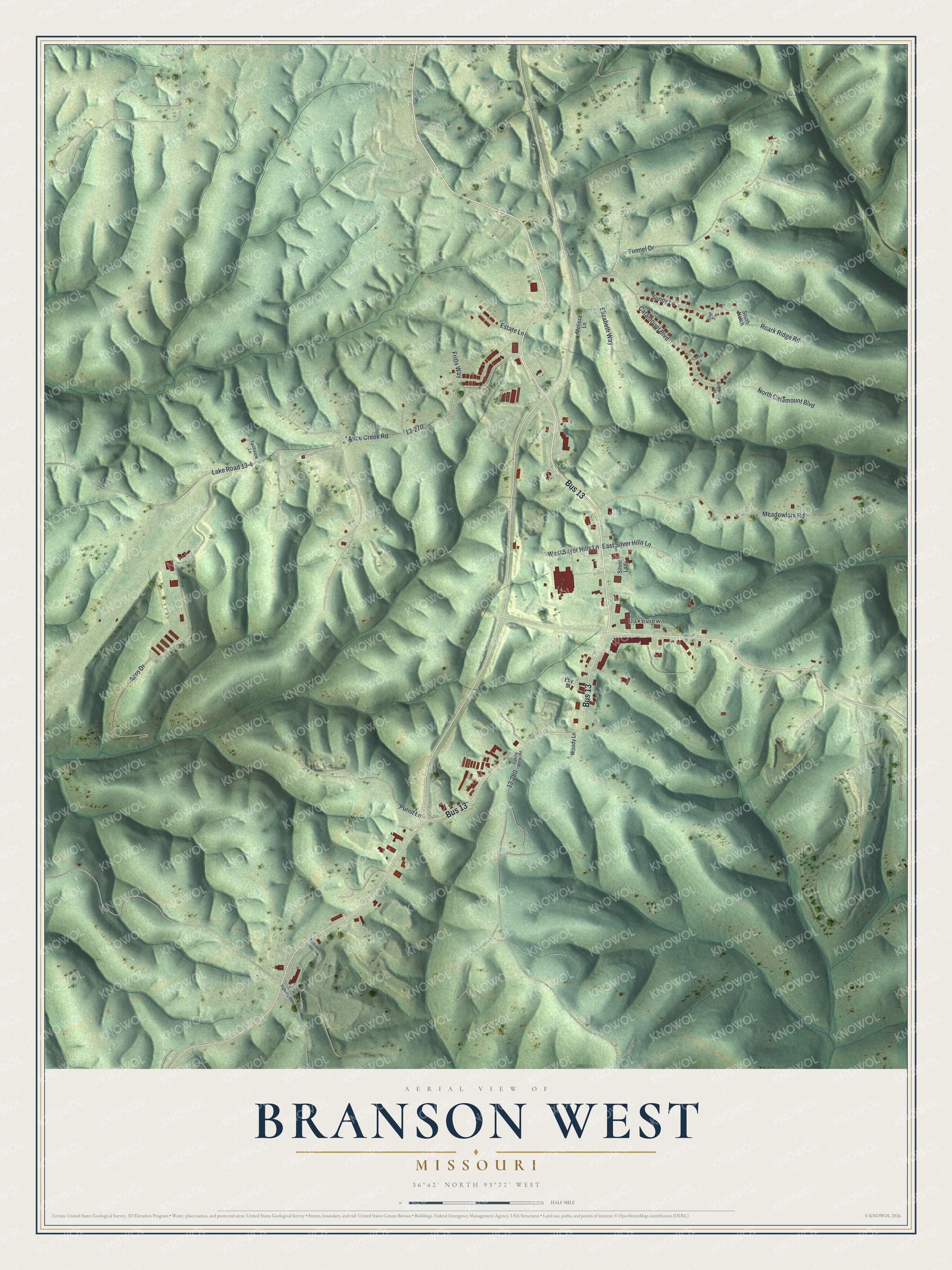 Full map of Branson West, Missouri, with red buildings, printed street names and the land around them