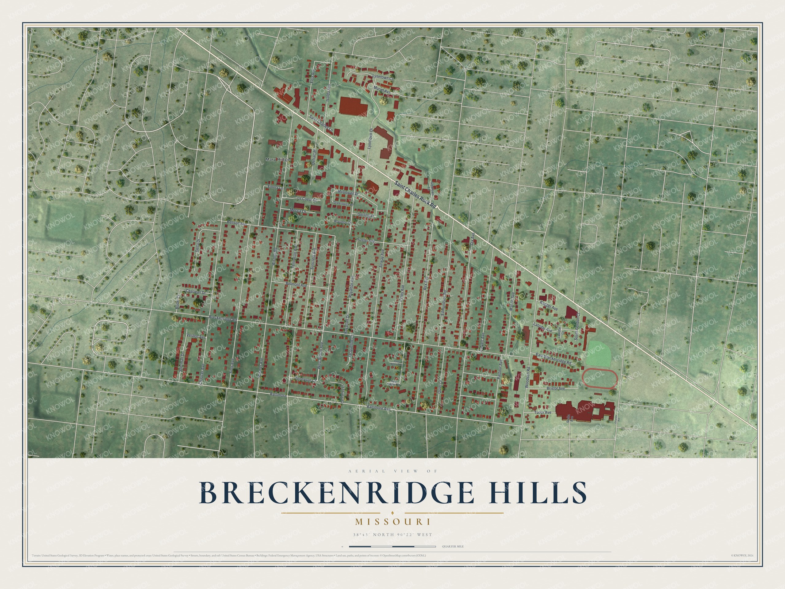 Full map of Breckenridge Hills, Missouri, with red buildings, printed street names and the land around them