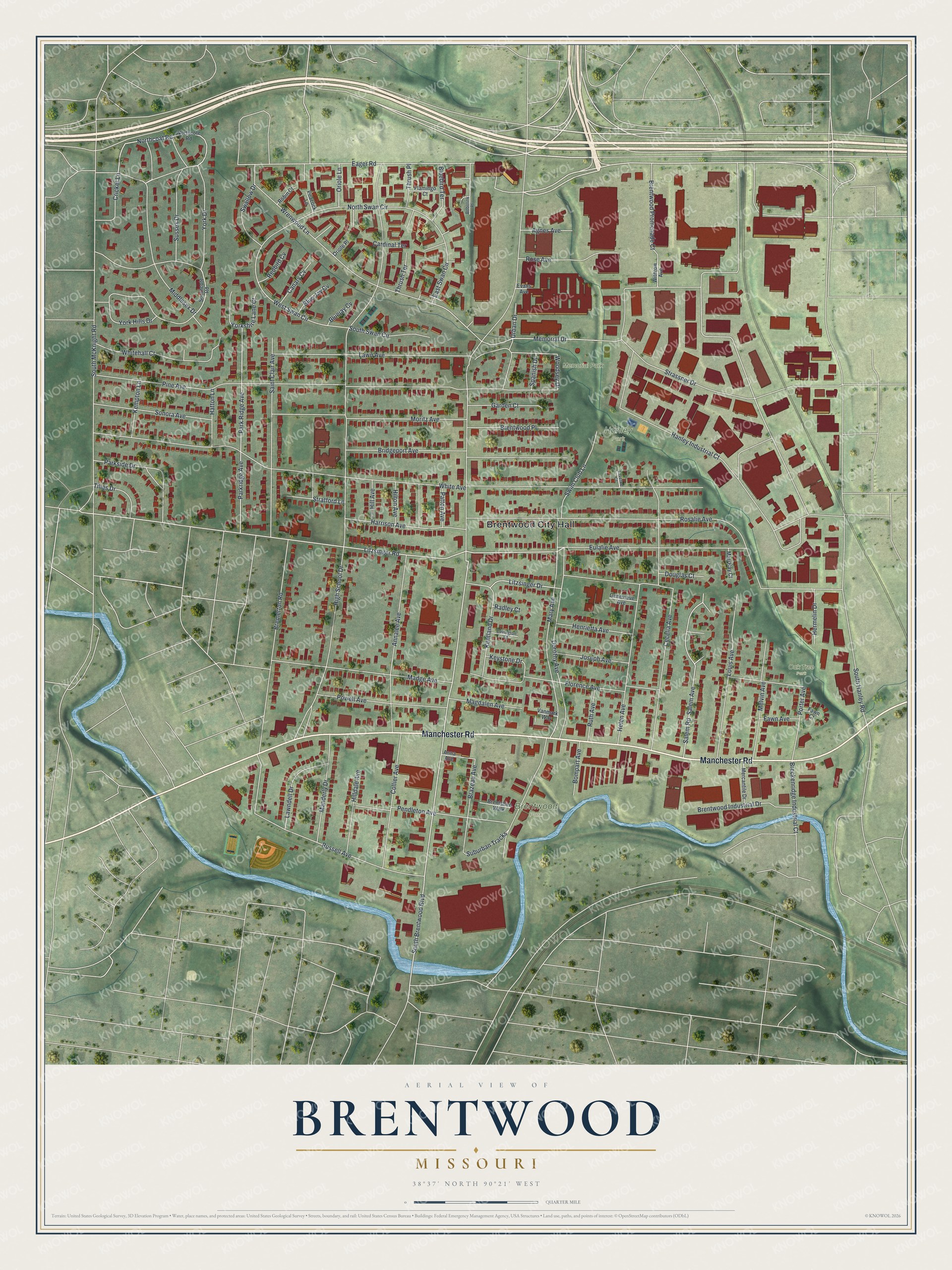 Aerial style map of Brentwood, Missouri with red buildings on green land, a blue creek and a title panel at the bottom