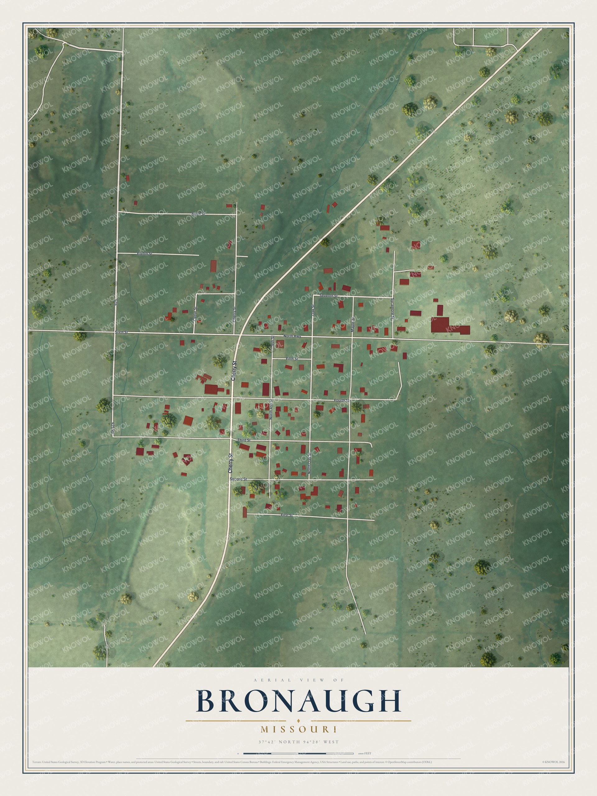 Full map of Bronaugh, Missouri, with red buildings, printed street names and the land around them